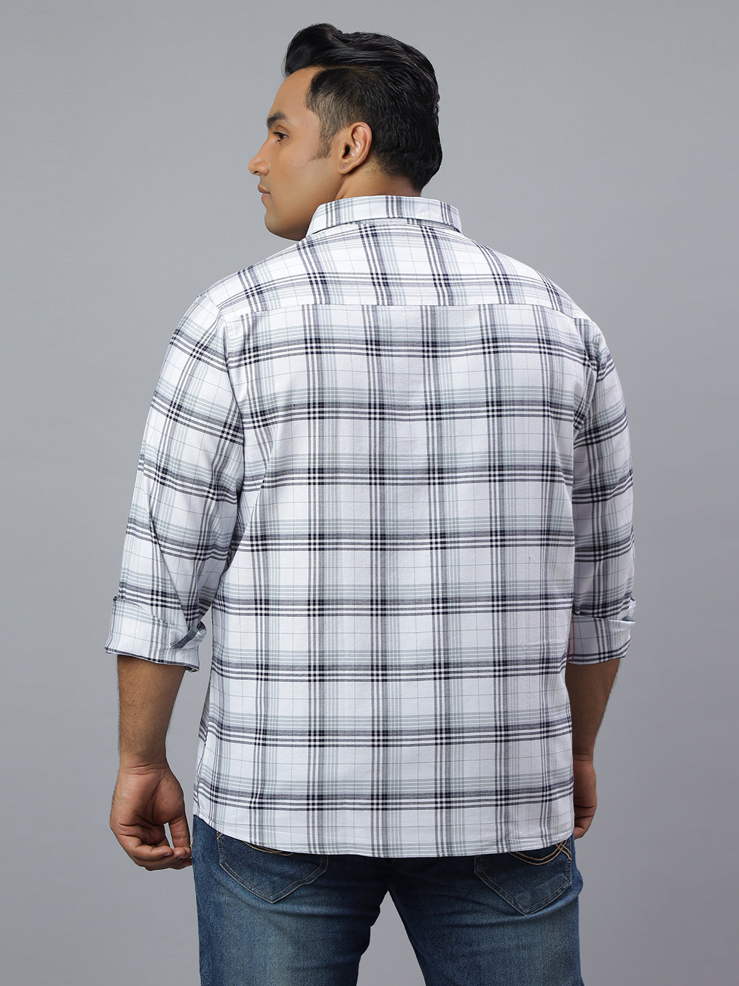 Men White and Blue Checkered Long Sleeve Cotton Plus Size Casual Shirt