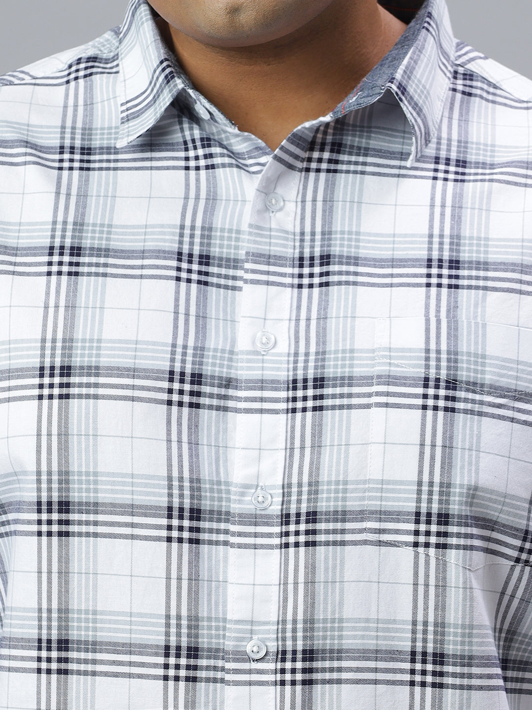 Men White and Blue Checkered Long Sleeve Cotton Plus Size Casual Shirt
