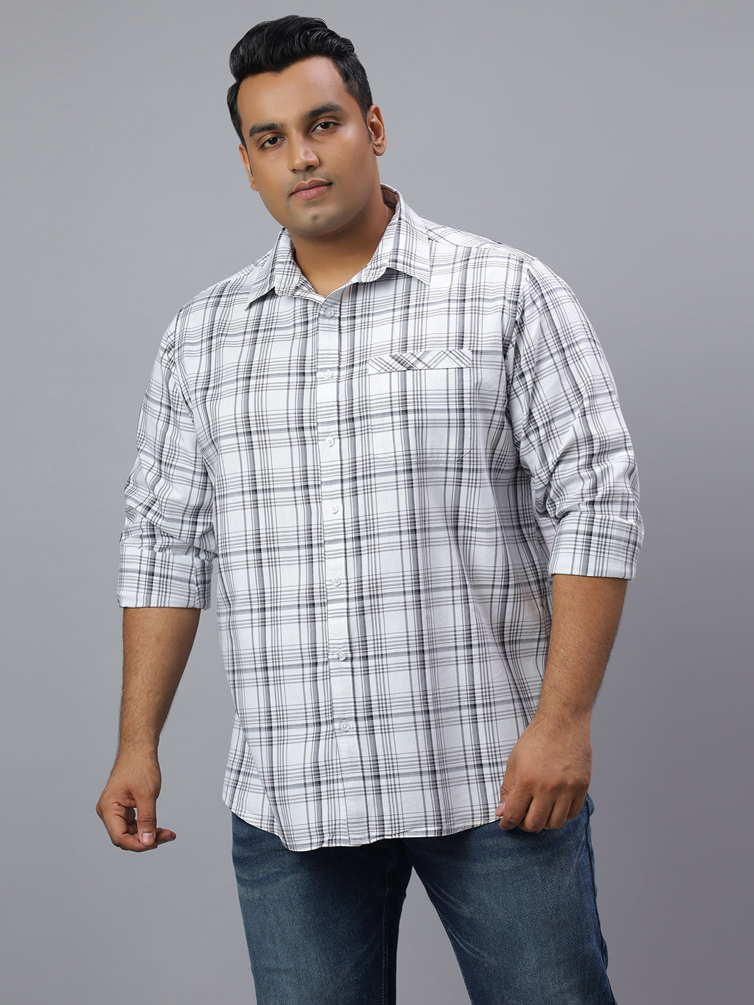 Men White and Blue Checkered Long Sleeve Cotton Plus Size Casual Shirt