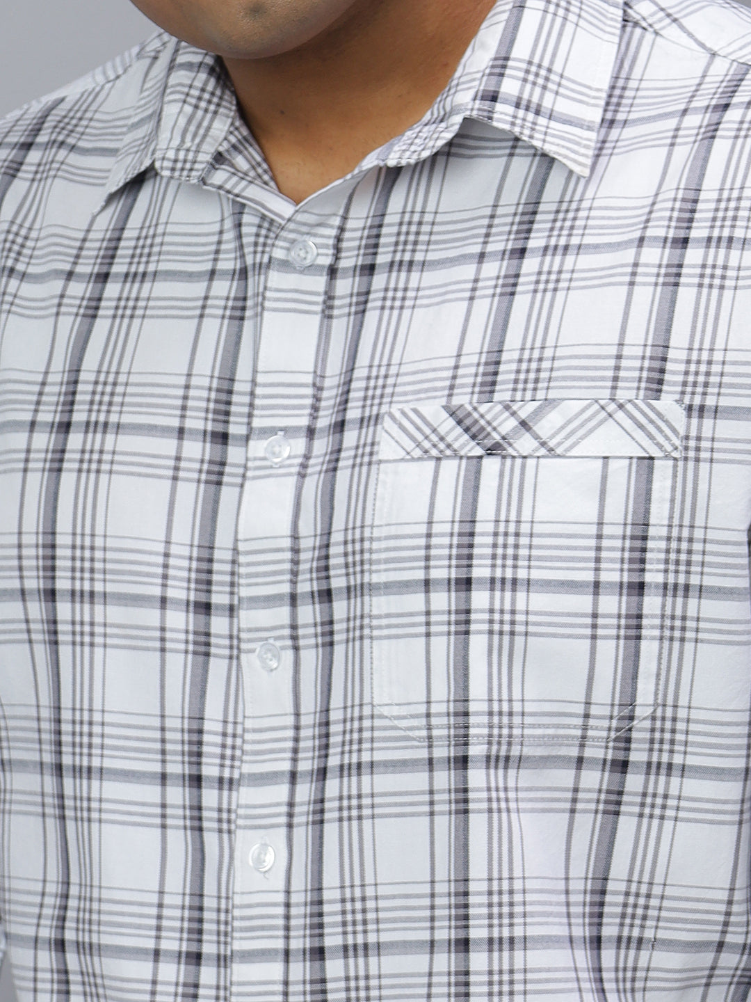Men White and Blue Checkered Long Sleeve Cotton Plus Size Casual Shirt