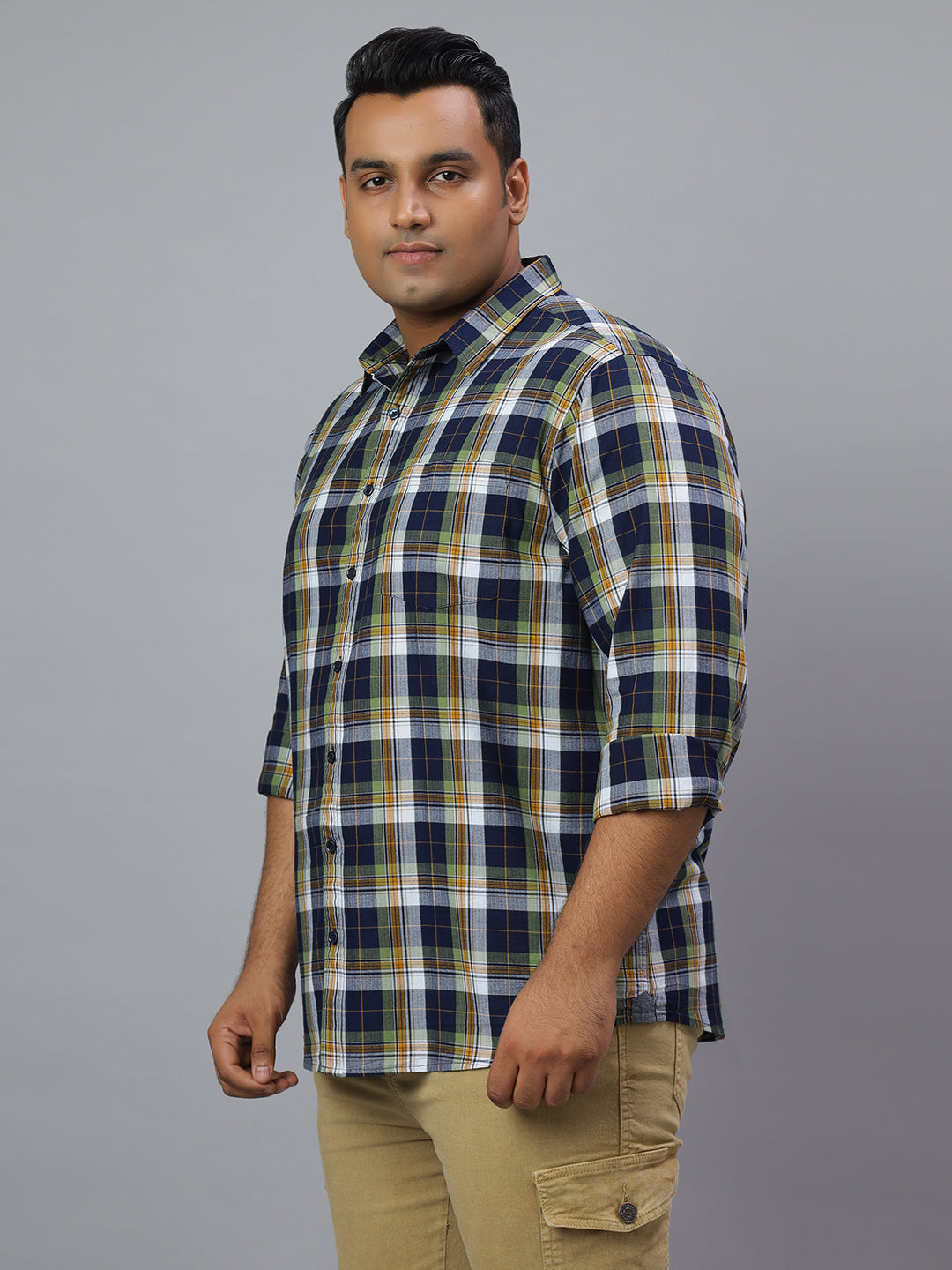 Men Blue and Green Checkered Long Sleeve Cotton Plus Size Casual Shirt