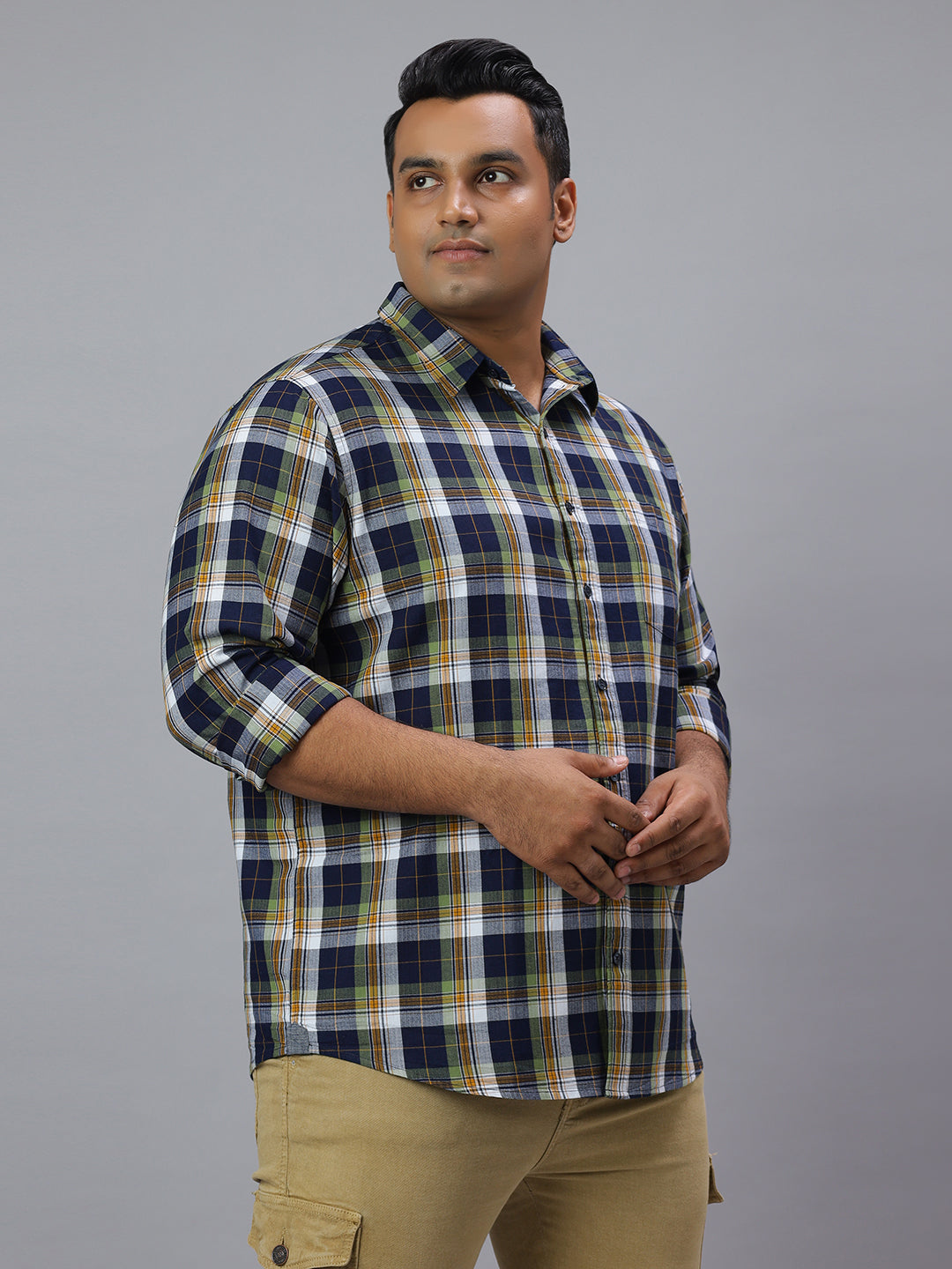 Men Blue and Green Checkered Long Sleeve Cotton Plus Size Casual Shirt