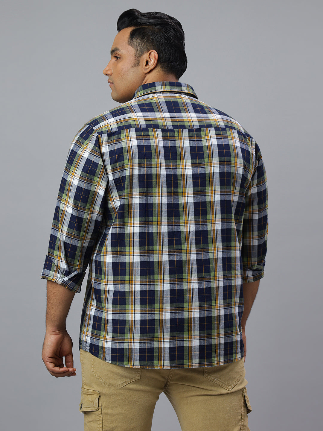 Men Blue and Green Checkered Long Sleeve Cotton Plus Size Casual Shirt