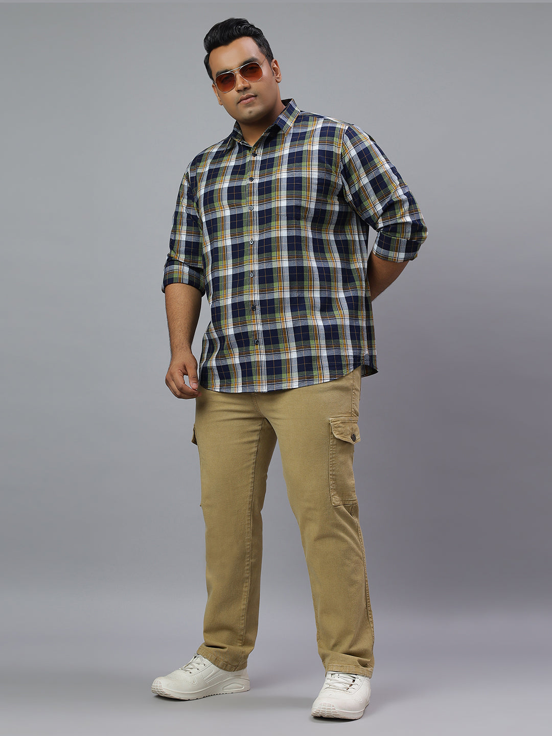 Men Blue and Green Checkered Long Sleeve Cotton Plus Size Casual Shirt