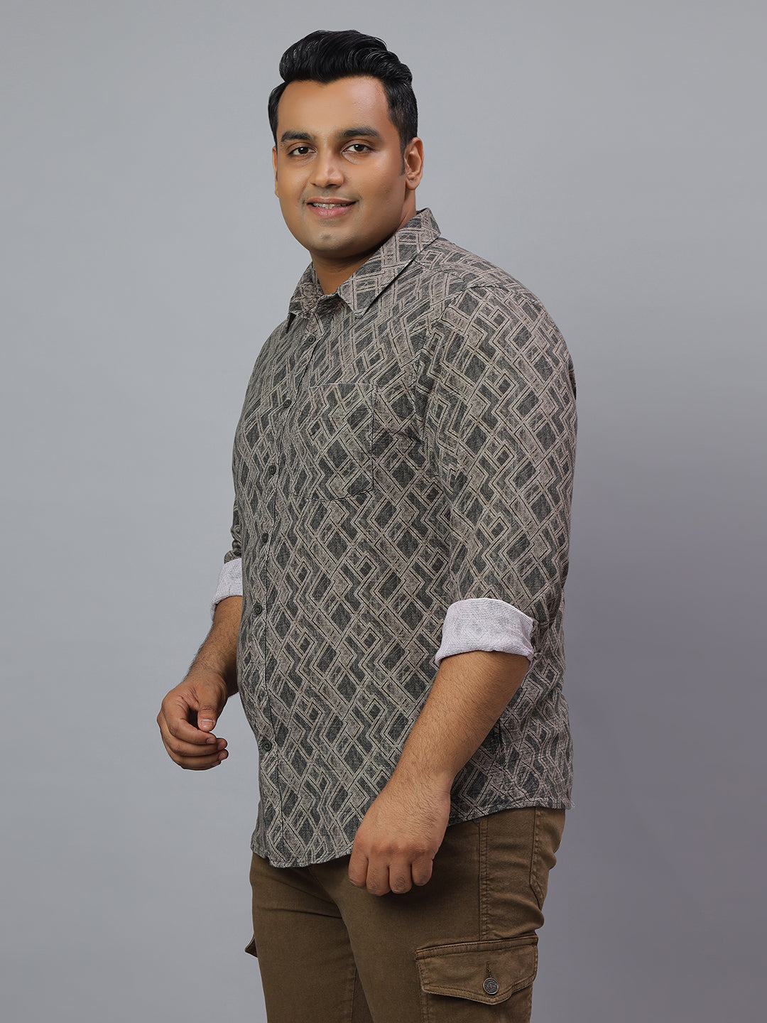 Men Olive Printed Long Sleeve Cotton Plus Size Casual Shirt