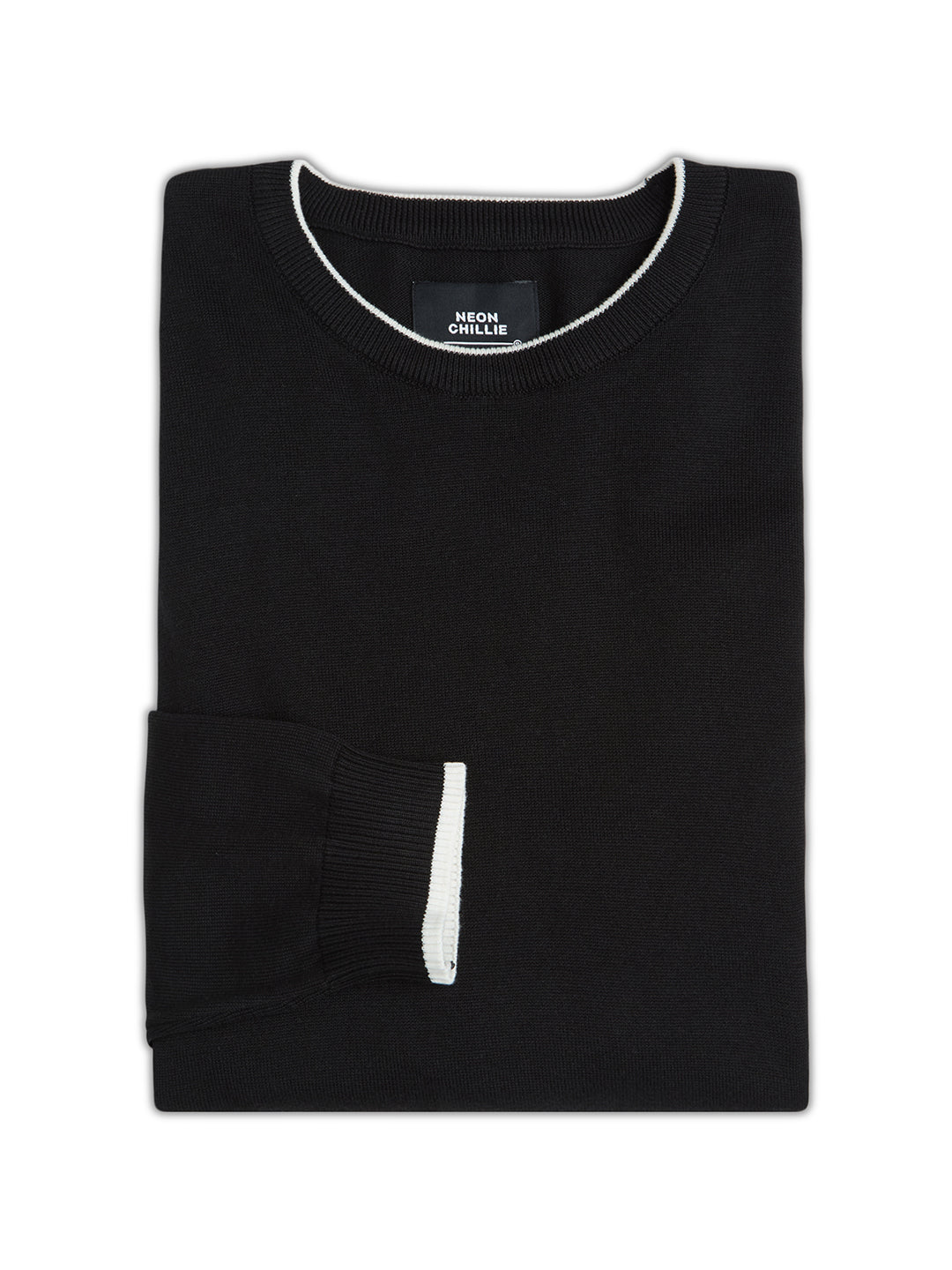 Flat Knit Full Sleeve Polo Ribbed T Shirt - Black - Style 133