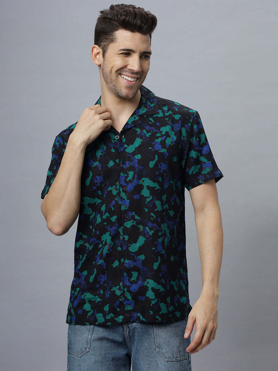 Men Blue Rayon Printed Half Sleeve Open Collar Shirt ( NC-HS-501 )