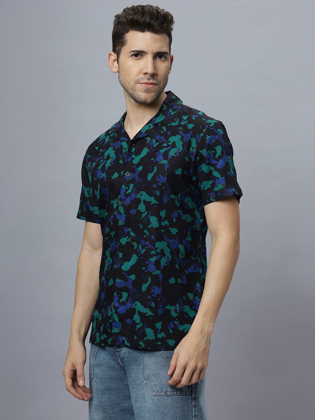 Men Blue Rayon Printed Half Sleeve Open Collar Shirt ( NC-HS-501 )
