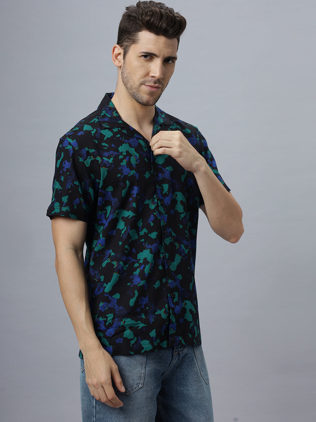 Men Blue Rayon Printed Half Sleeve Open Collar Shirt ( NC-HS-501 )