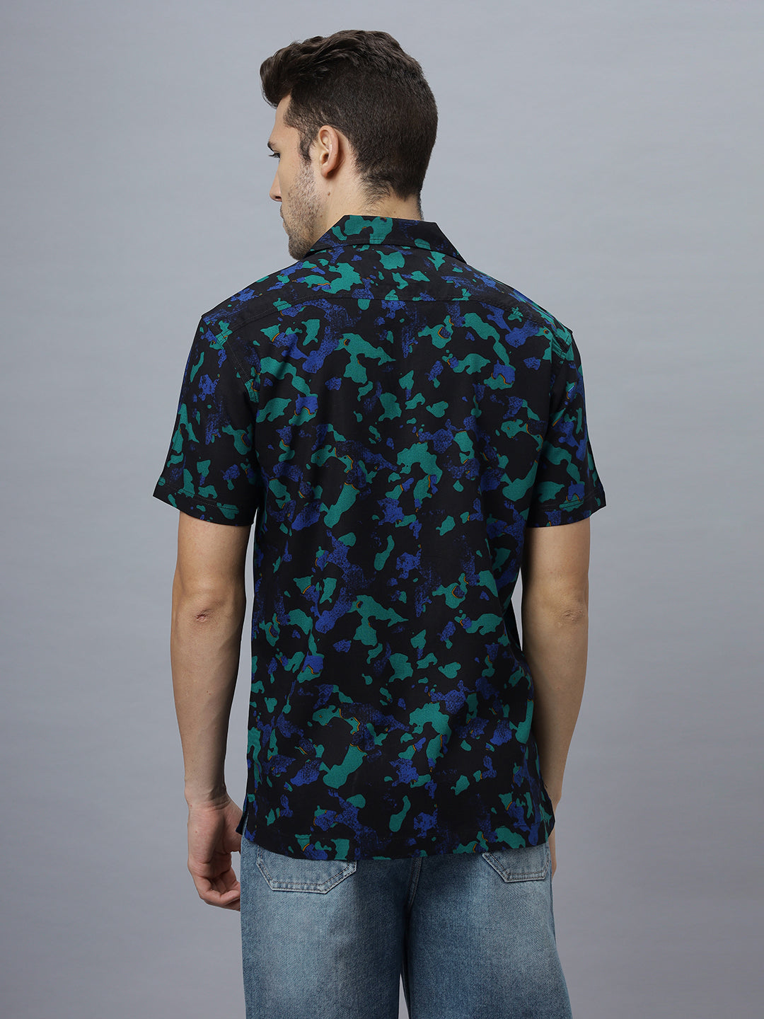 Men Blue Rayon Printed Half Sleeve Open Collar Shirt ( NC-HS-501 )