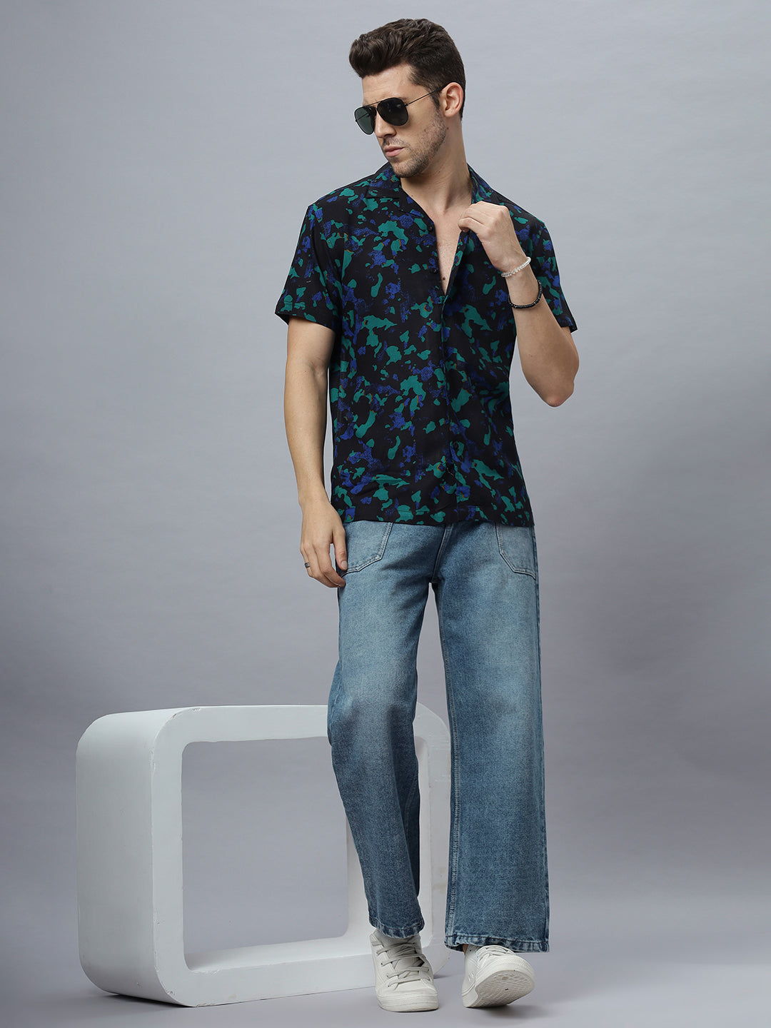 Men Blue Rayon Printed Half Sleeve Open Collar Shirt ( NC-HS-501 )