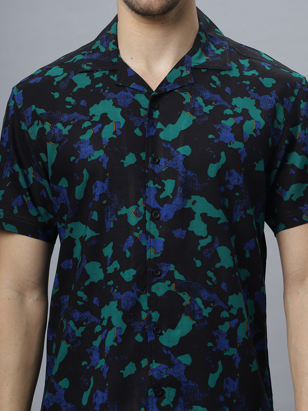 Men Blue Rayon Printed Half Sleeve Open Collar Shirt ( NC-HS-501 )