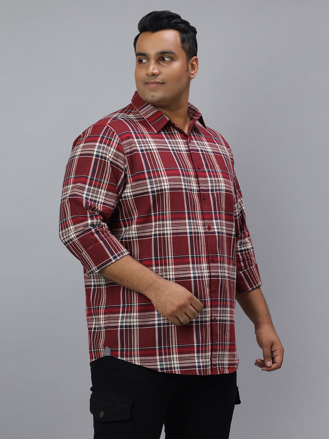 Men Maroon and White Slub Checkered Long Sleeve Cotton Plus Size Casual Shirt