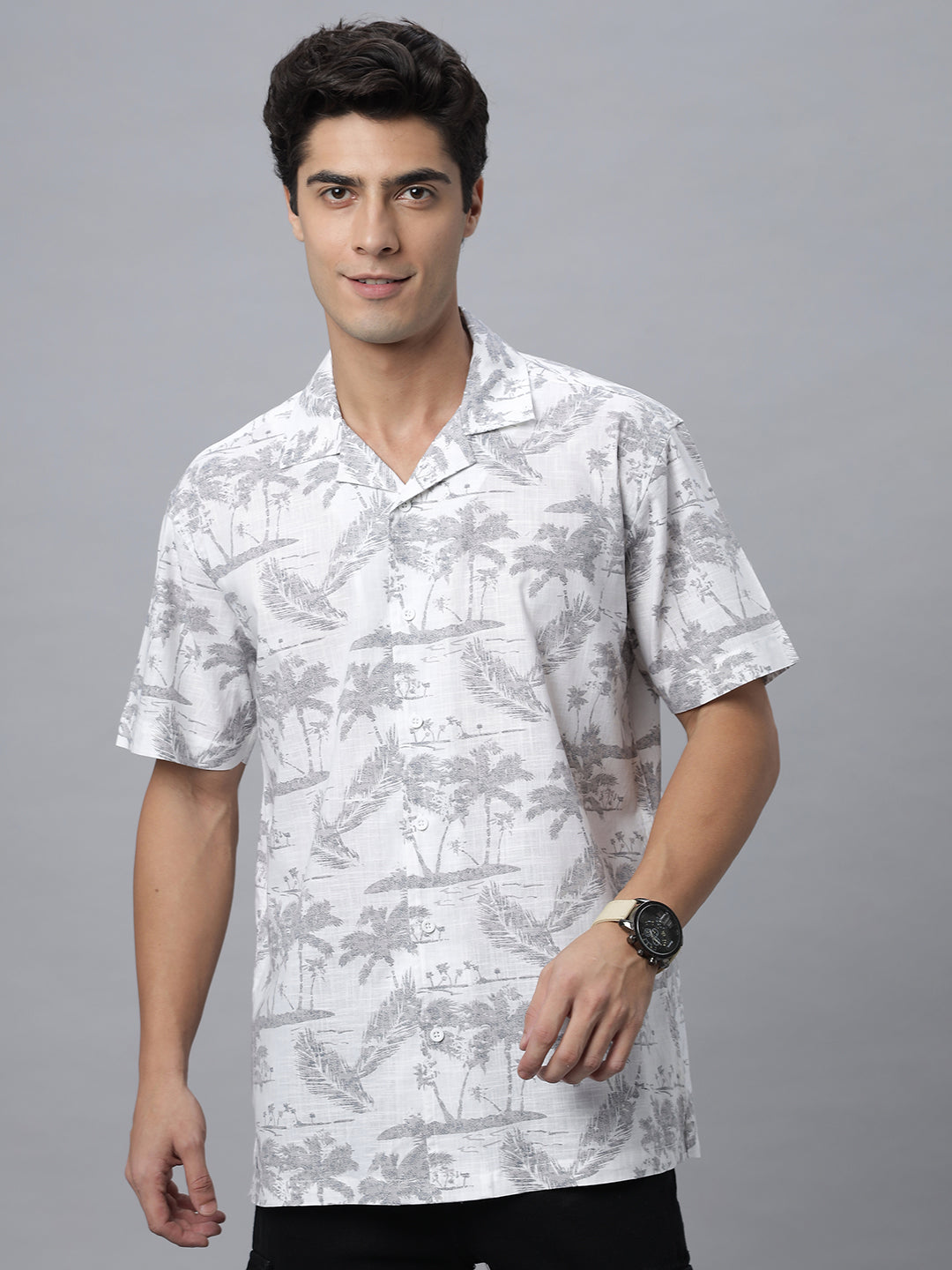 White Printed Half Sleeve Cotton Camp Collar Shirt( NC-HS-515 )