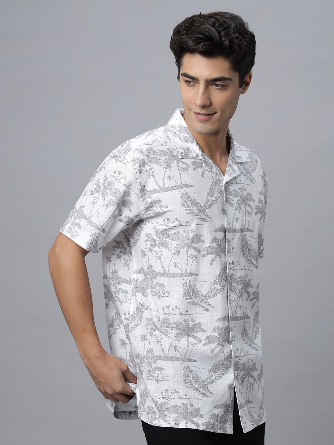 White Printed Half Sleeve Cotton Camp Collar Shirt( NC-HS-515 )