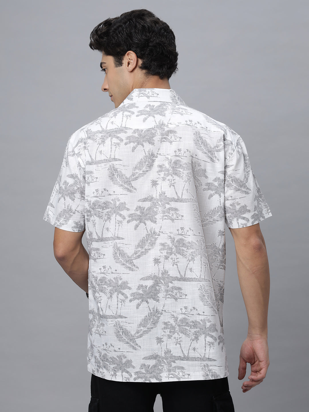 White Printed Half Sleeve Cotton Camp Collar Shirt( NC-HS-515 )
