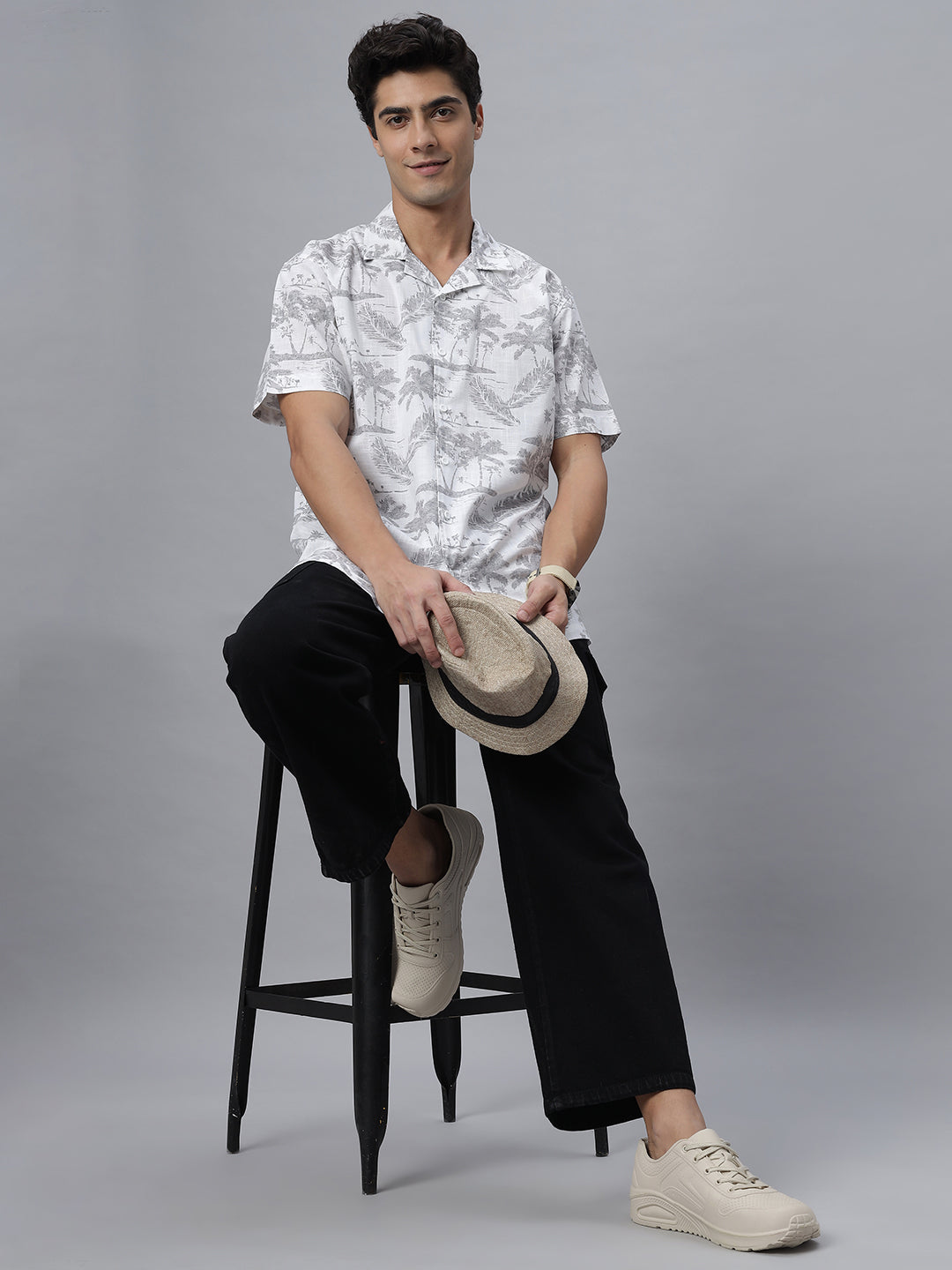 White Printed Half Sleeve Cotton Camp Collar Shirt( NC-HS-515 )