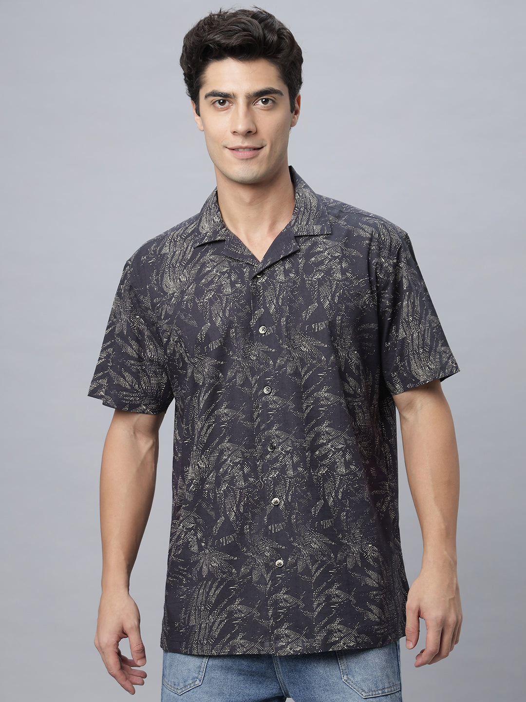 Men Coffee Brown Cotton Half Sleeve Camp Collar Printed Shirt ( NC-HS-513 )