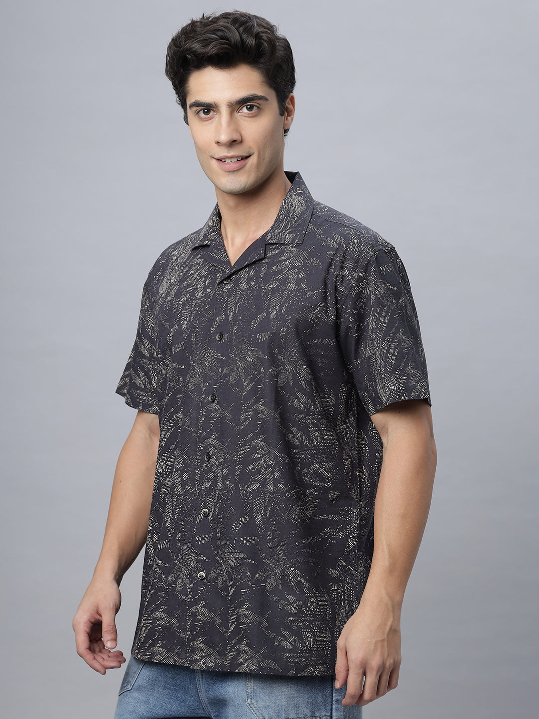 Men Coffee Brown Cotton Half Sleeve Camp Collar Printed Shirt ( NC-HS-513 )