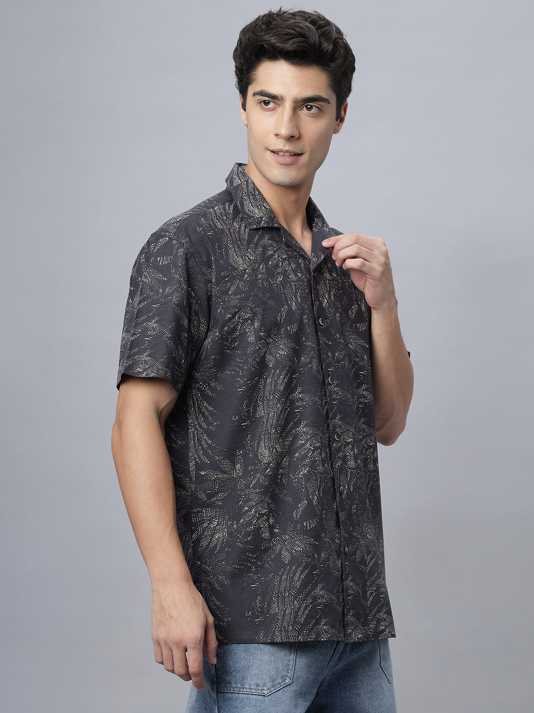 Men Coffee Brown Cotton Half Sleeve Camp Collar Printed Shirt ( NC-HS-513 )