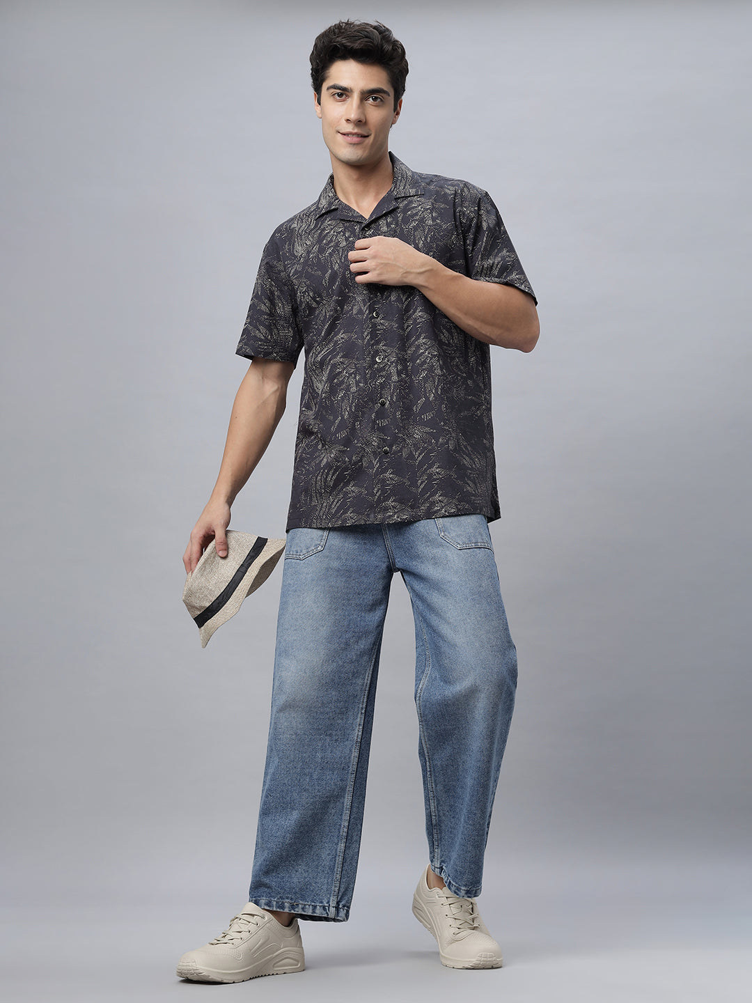 Men Coffee Brown Cotton Half Sleeve Camp Collar Printed Shirt ( NC-HS-513 )