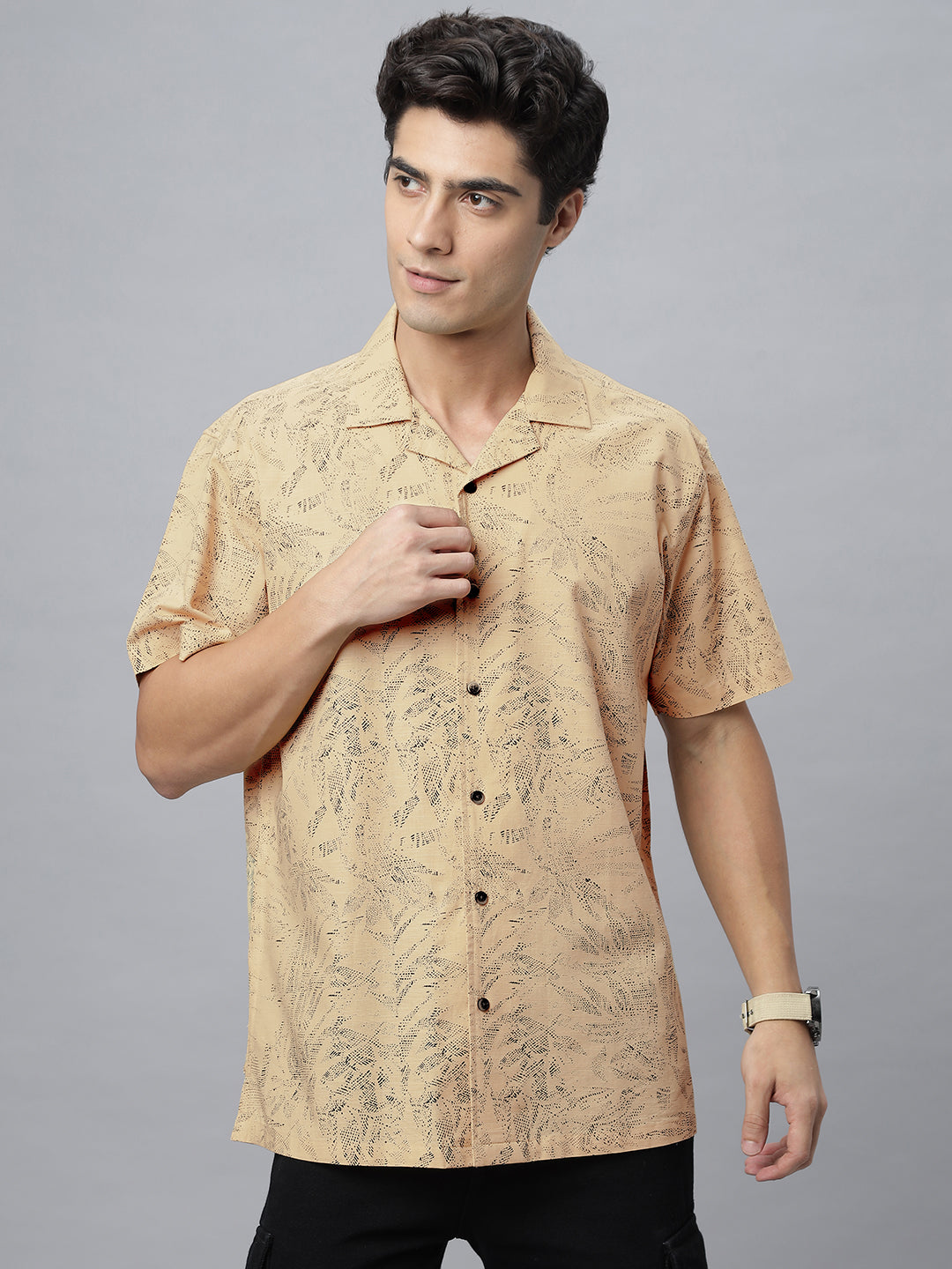 Khaki Printed Half Sleeve Cotton Camp Collar Printed Shirt ( NC-HS-513 )