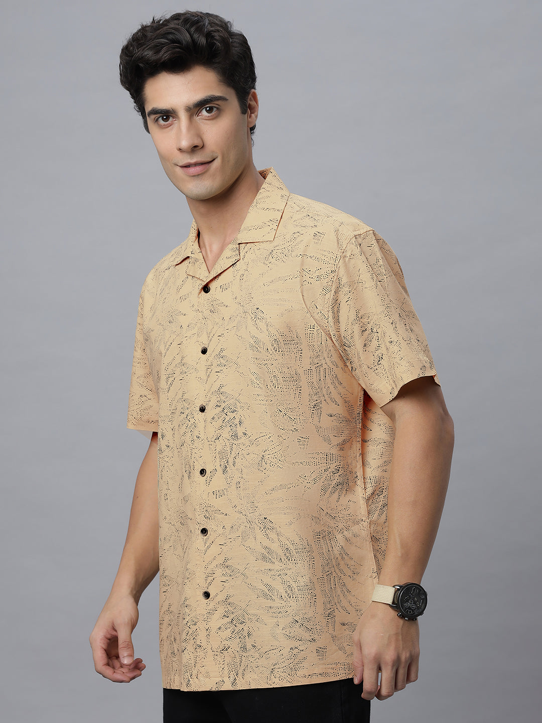 Khaki Printed Half Sleeve Cotton Camp Collar Printed Shirt ( NC-HS-513 )