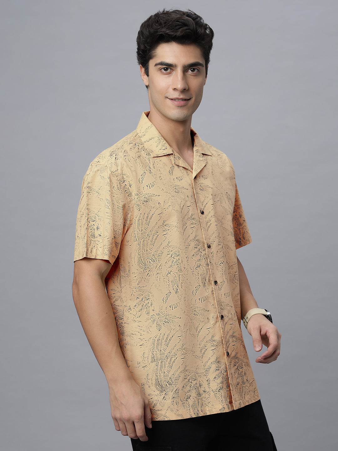 Khaki Printed Half Sleeve Cotton Camp Collar Printed Shirt ( NC-HS-513 )