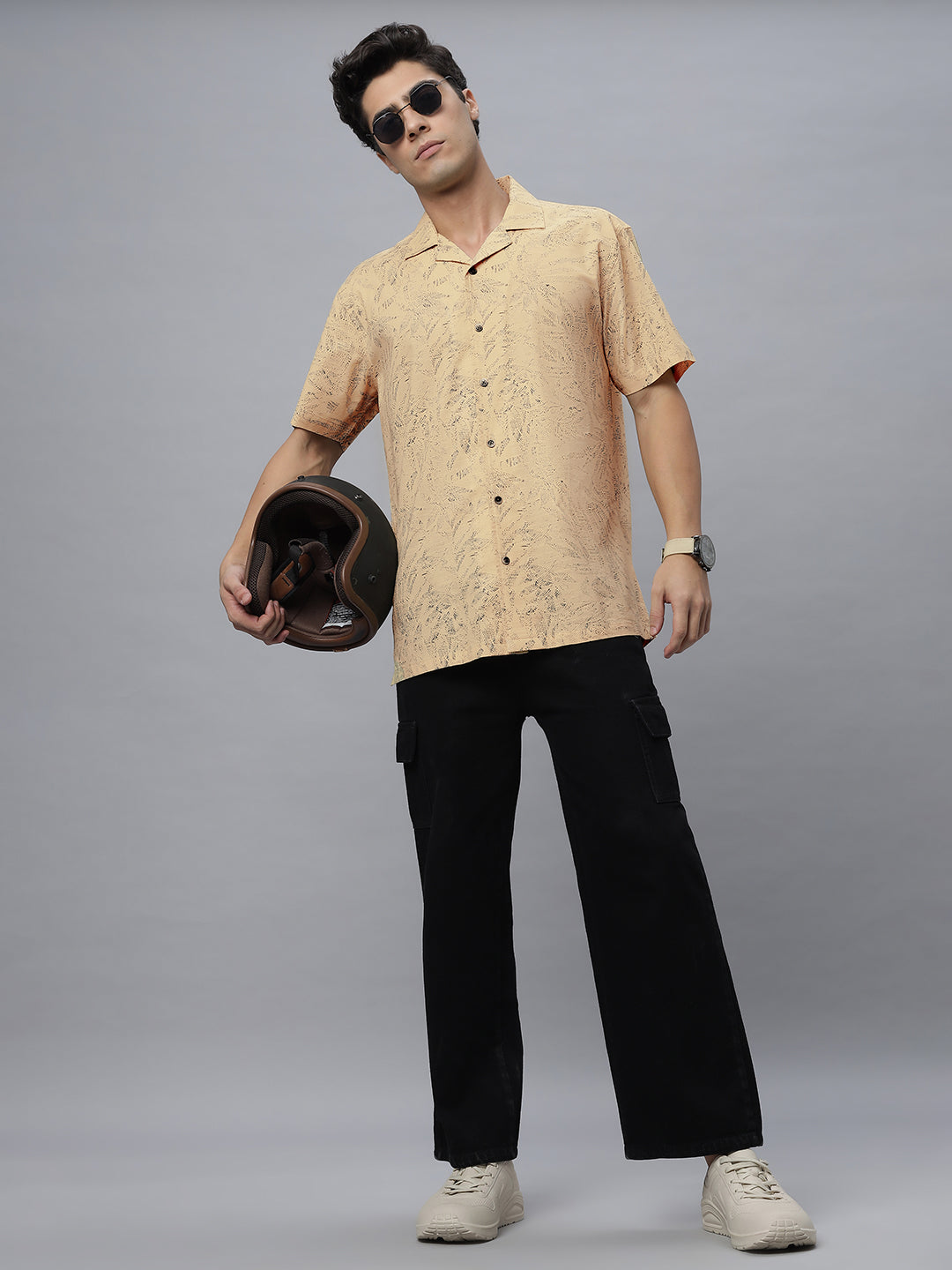 Khaki Printed Half Sleeve Cotton Camp Collar Printed Shirt ( NC-HS-513 )