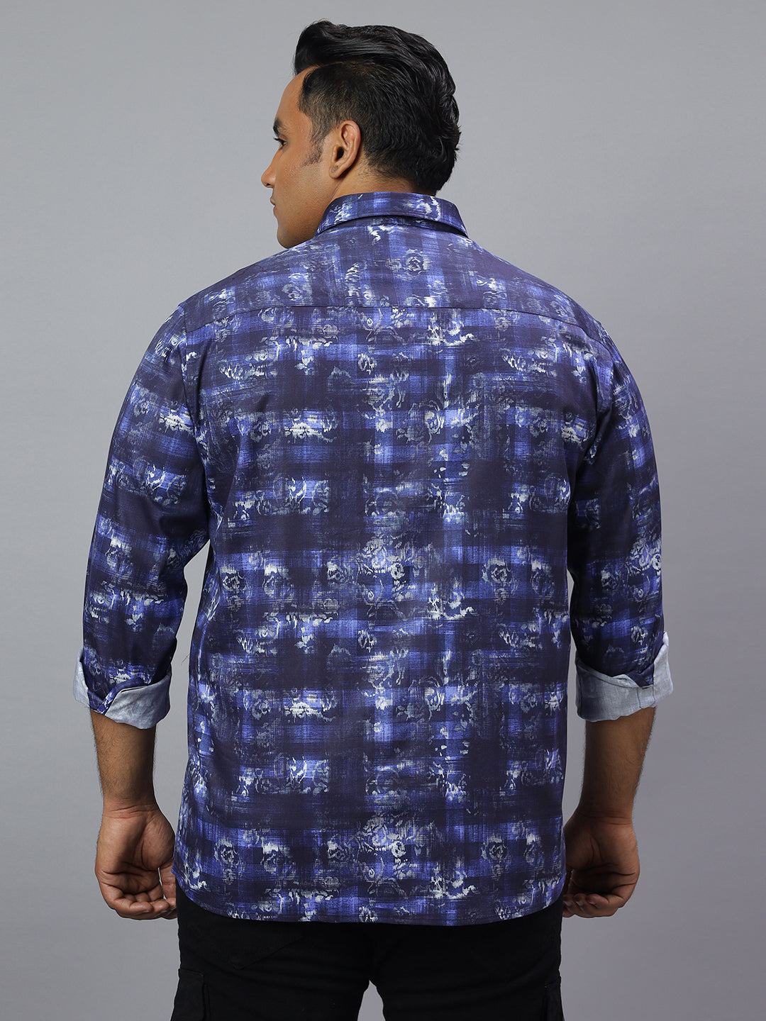 Men Blue Printed Long Sleeve Cotton Plus Size Casual Shirt