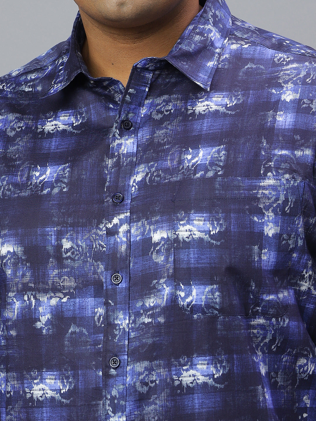 Men Blue Printed Long Sleeve Cotton Plus Size Casual Shirt