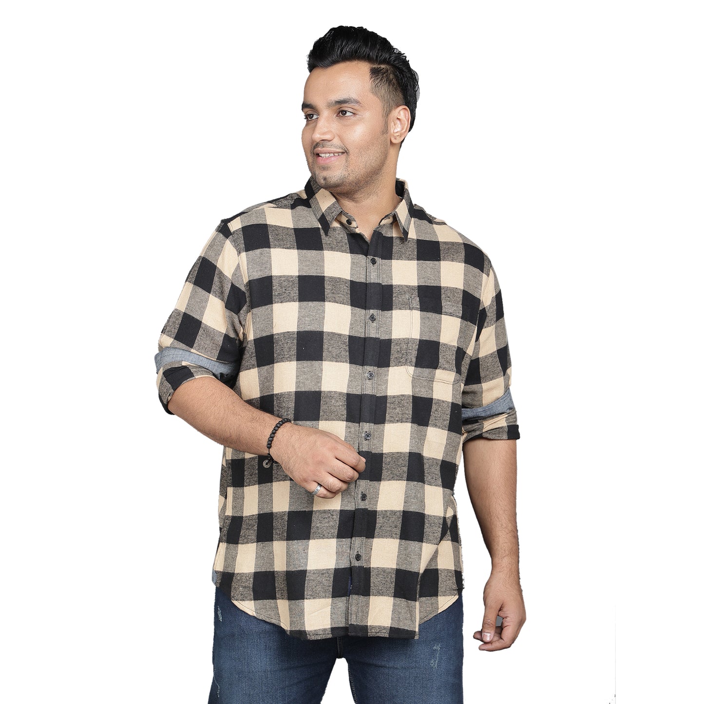 Men Brushed Flannel Black and Beige Checkered Classic Fit 1 Pocket Smart Casual Shirt