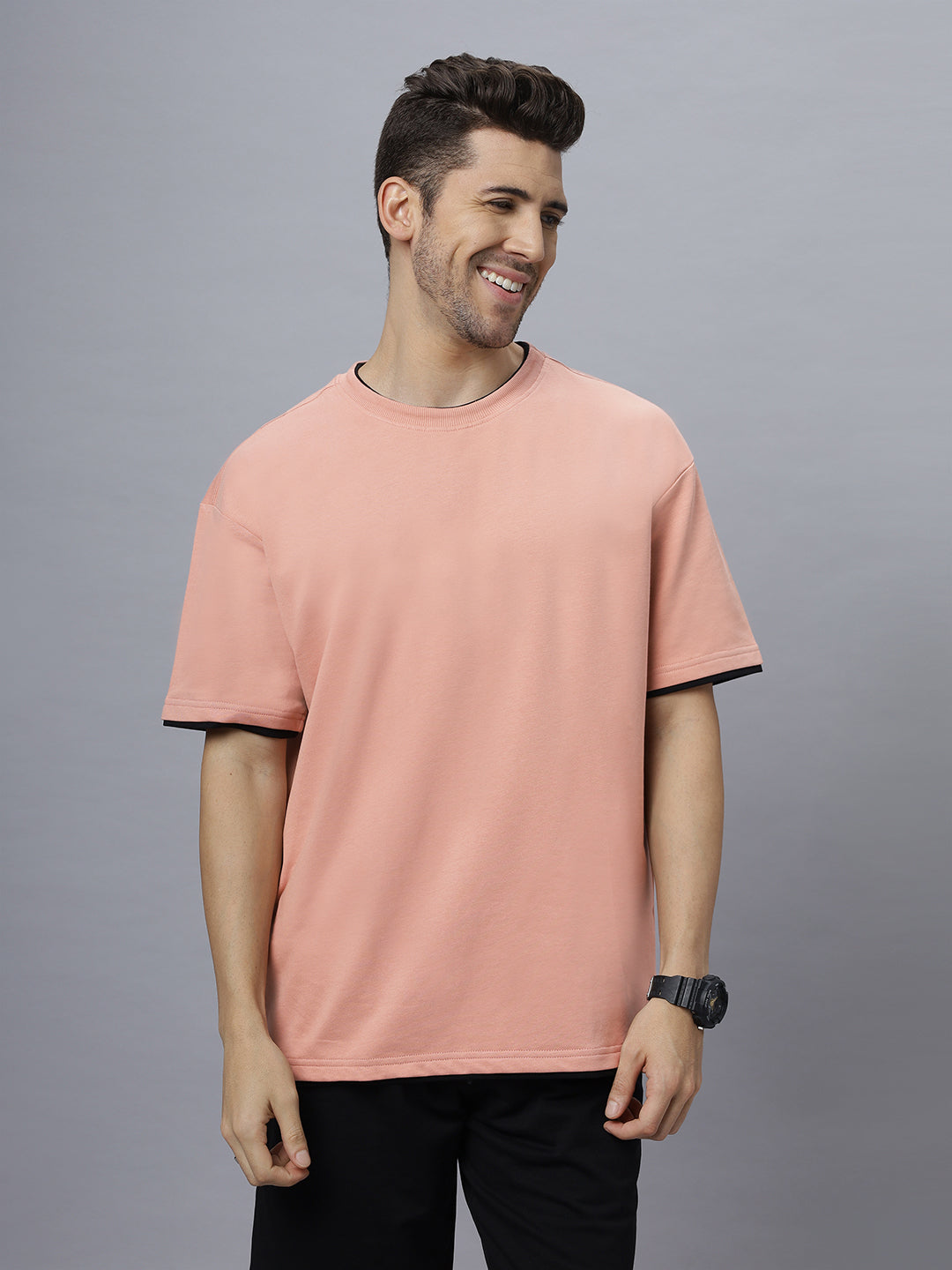 Drop-Shoulder Sleeves Heavy GSM Pure Cotton Oversize Fit T-shirt (NC-OS-102-Pink)
