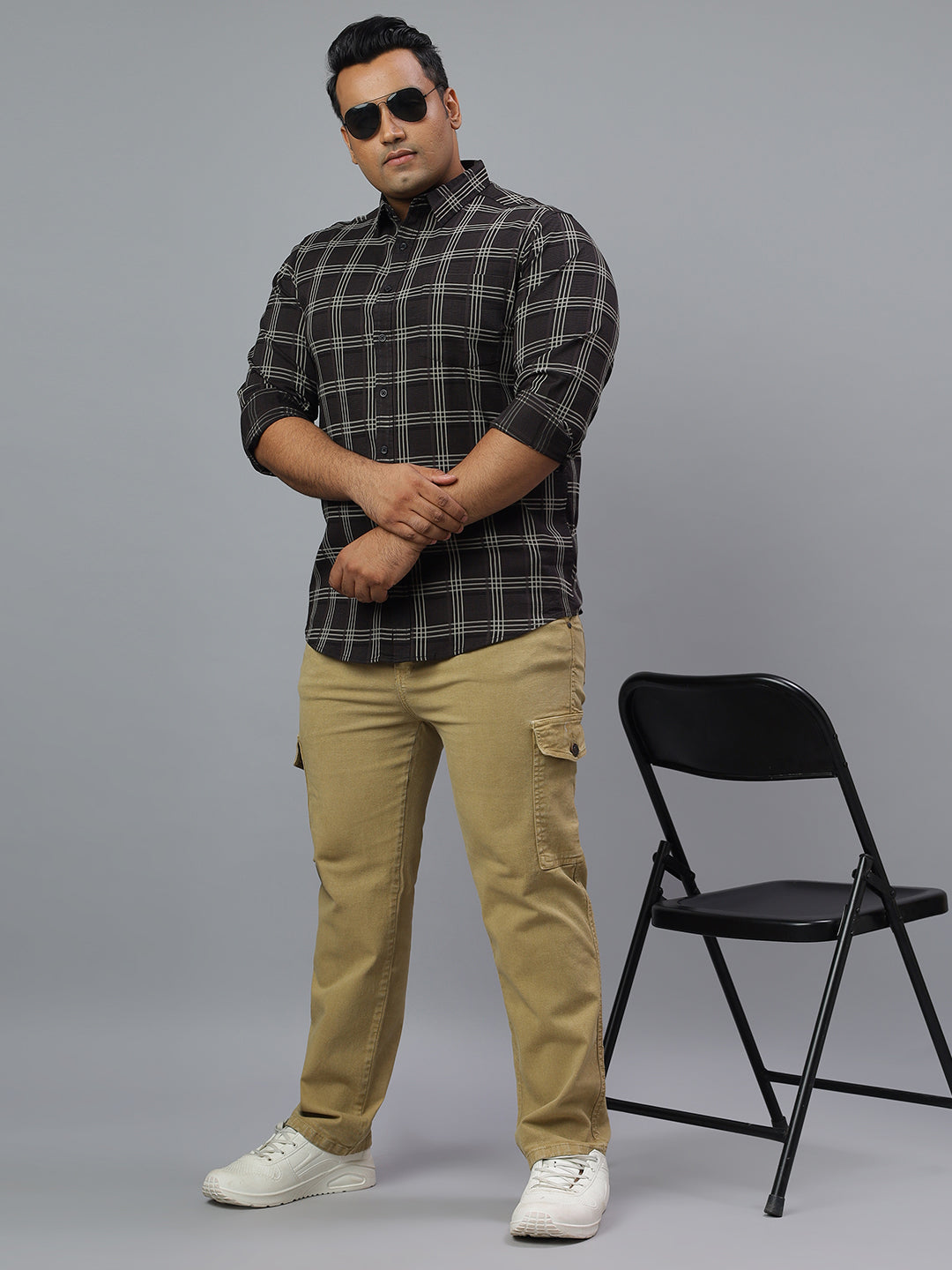 Men Black and White Checkered Long Sleeve Cotton Lycra Plus Size Casual Shirt