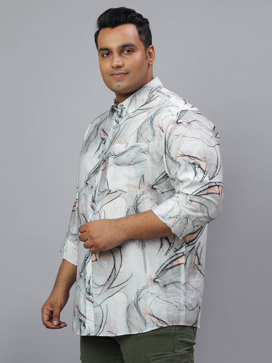 Men Grey and White Printed Long Sleeve Viscose Polymide Size Casual Shirt