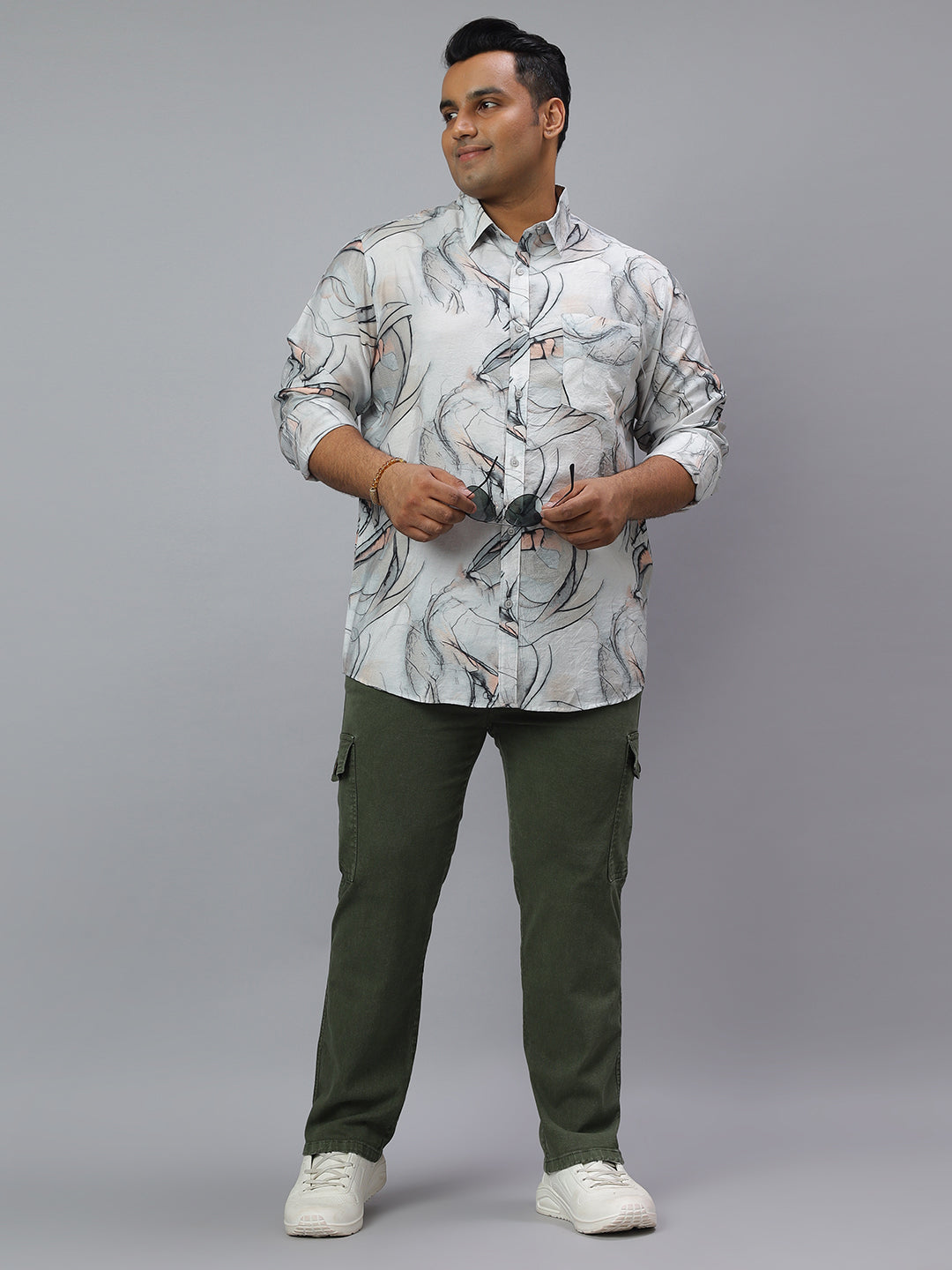 Men Grey and White Printed Long Sleeve Viscose Polymide Size Casual Shirt
