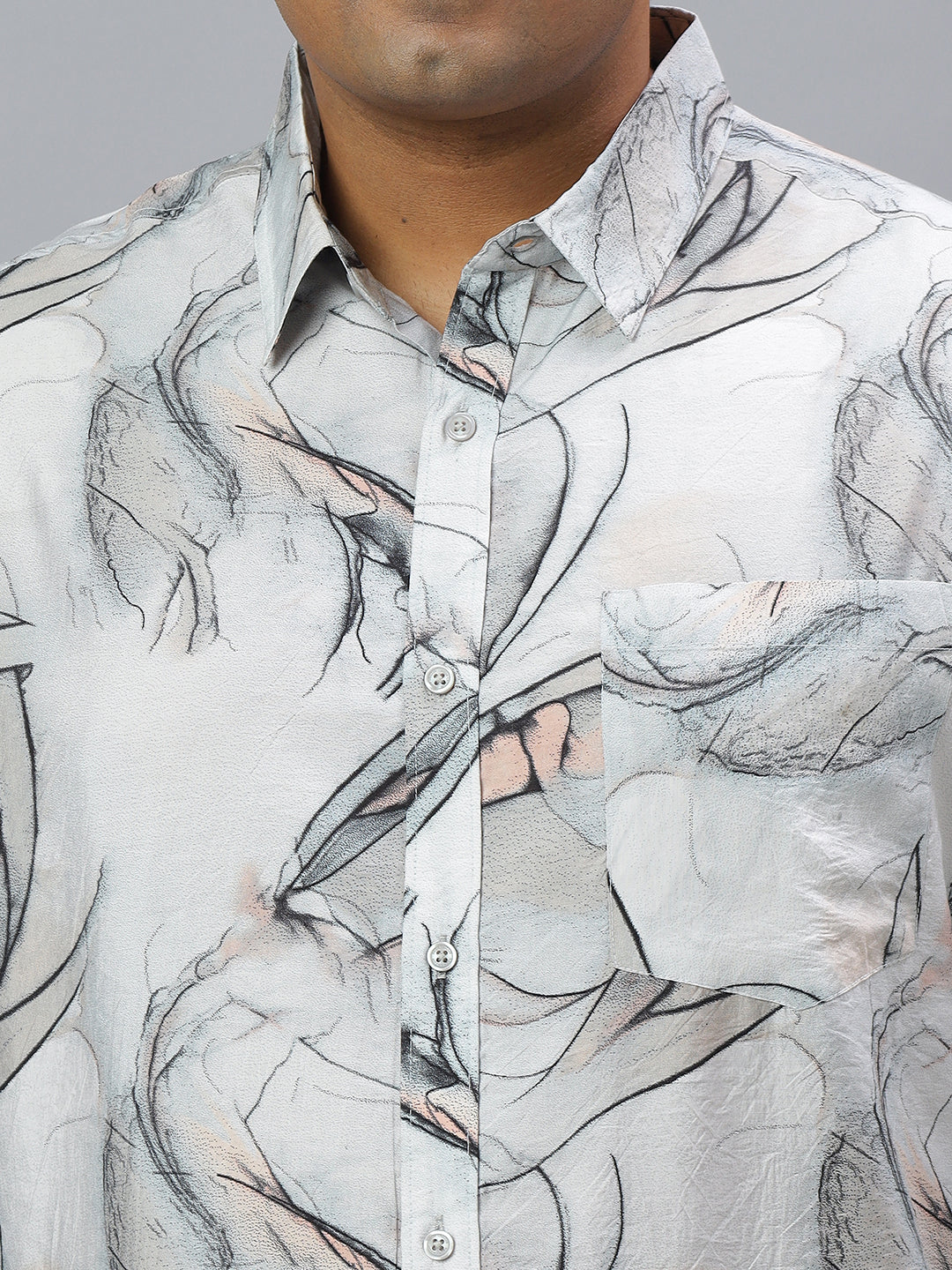 Men Grey and White Printed Long Sleeve Viscose Polymide Size Casual Shirt