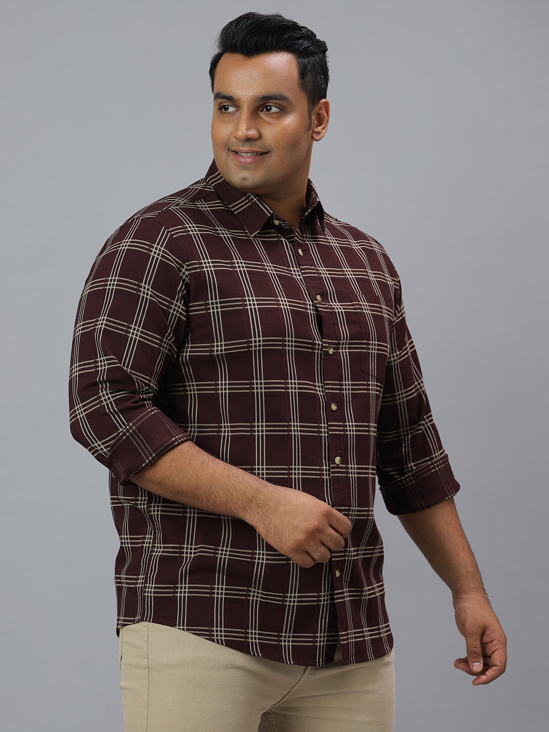 Men Wine and White Checkered Long Sleeve Cotton Lycra Plus Size Casual Shirt