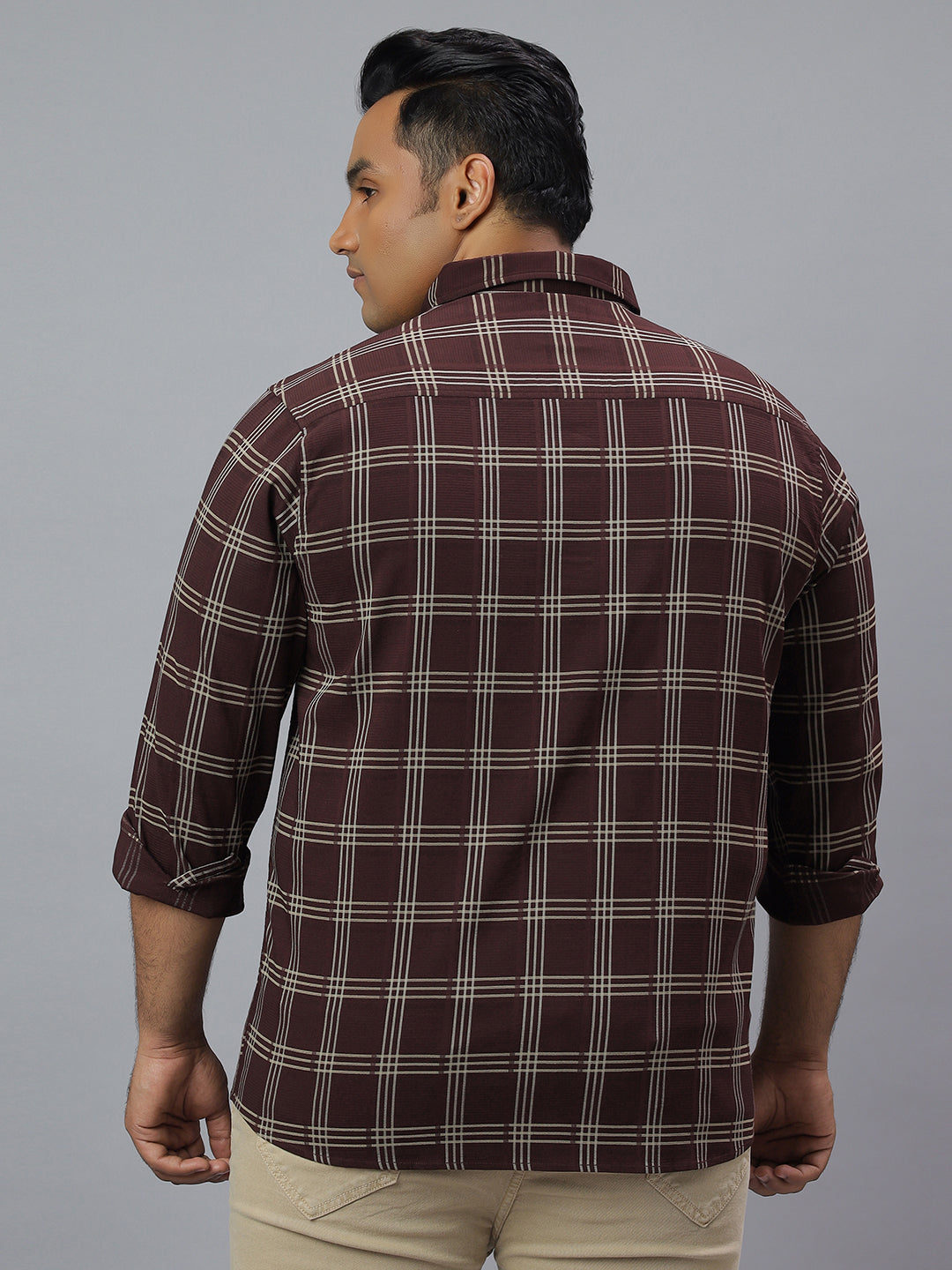 Men Wine and White Checkered Long Sleeve Cotton Lycra Plus Size Casual Shirt