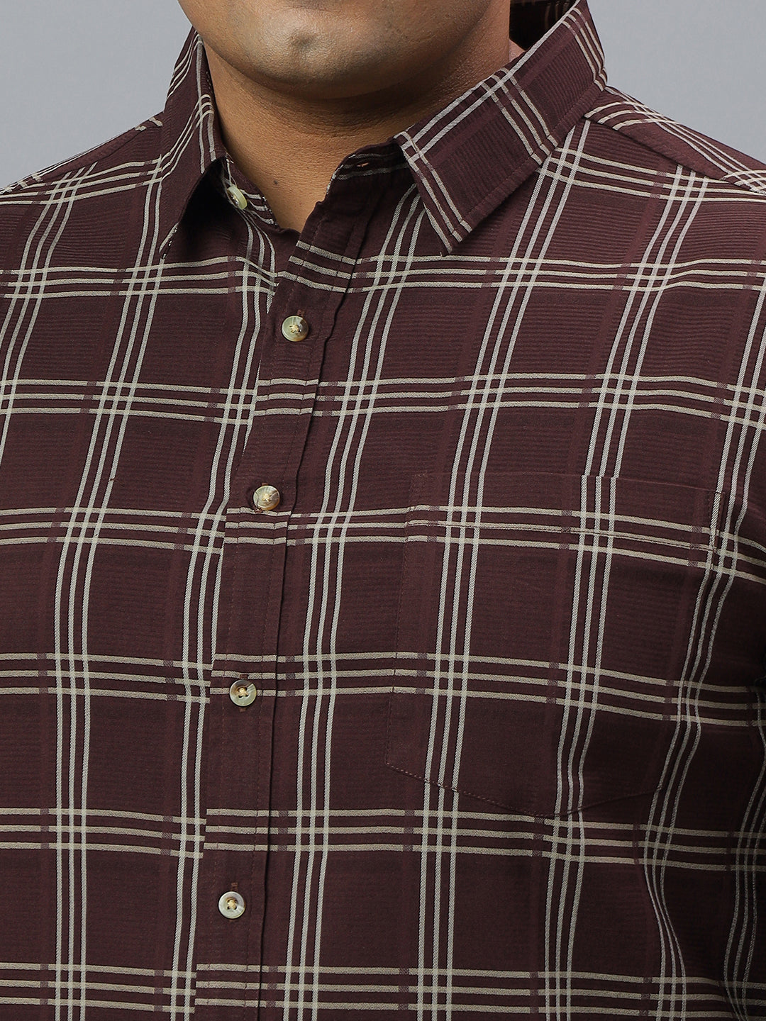 Men Wine and White Checkered Long Sleeve Cotton Lycra Plus Size Casual Shirt
