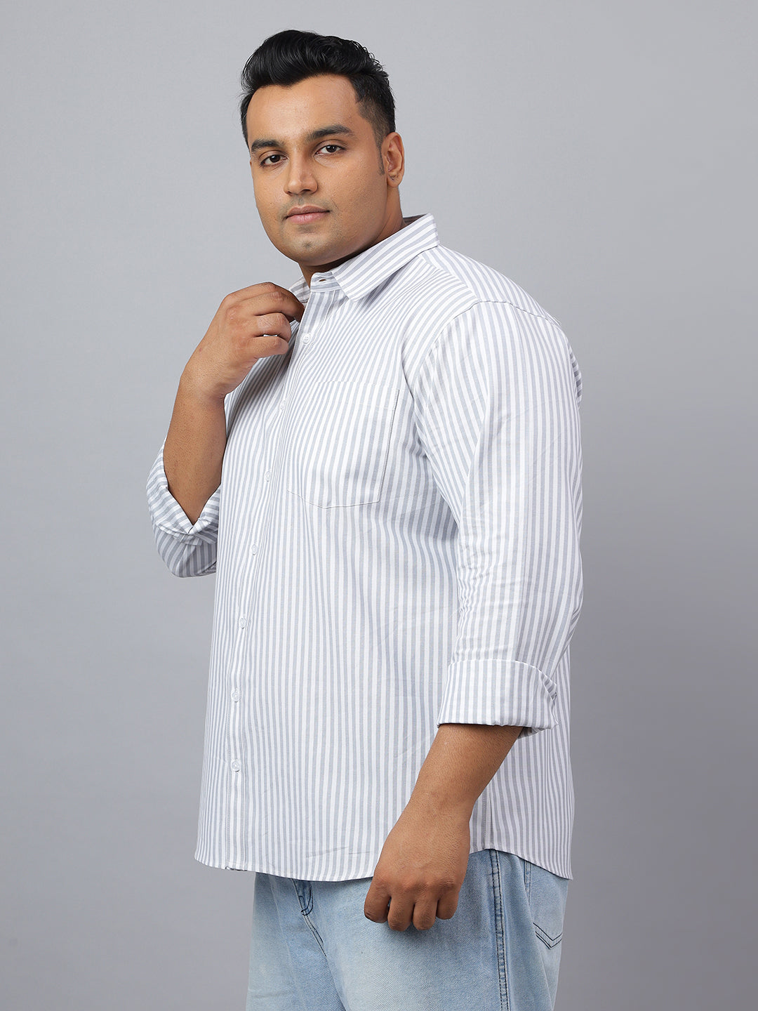 Men Grey Cotton Stripes 1 Pocket Slim Fit Casual Shirt