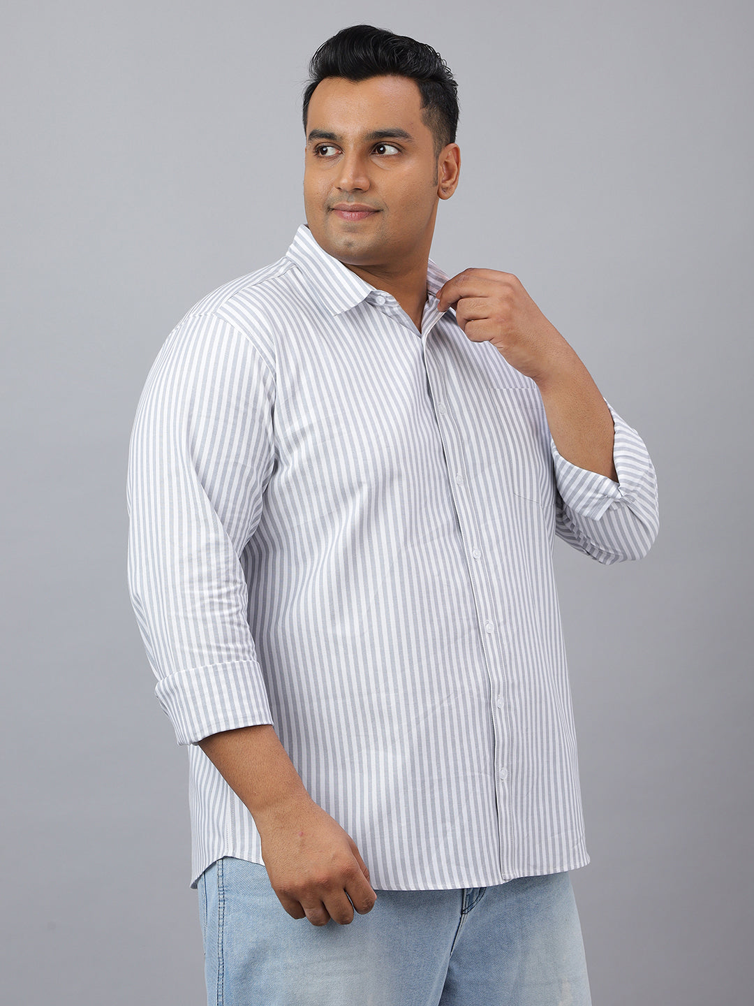 Men Grey Cotton Stripes 1 Pocket Slim Fit Casual Shirt