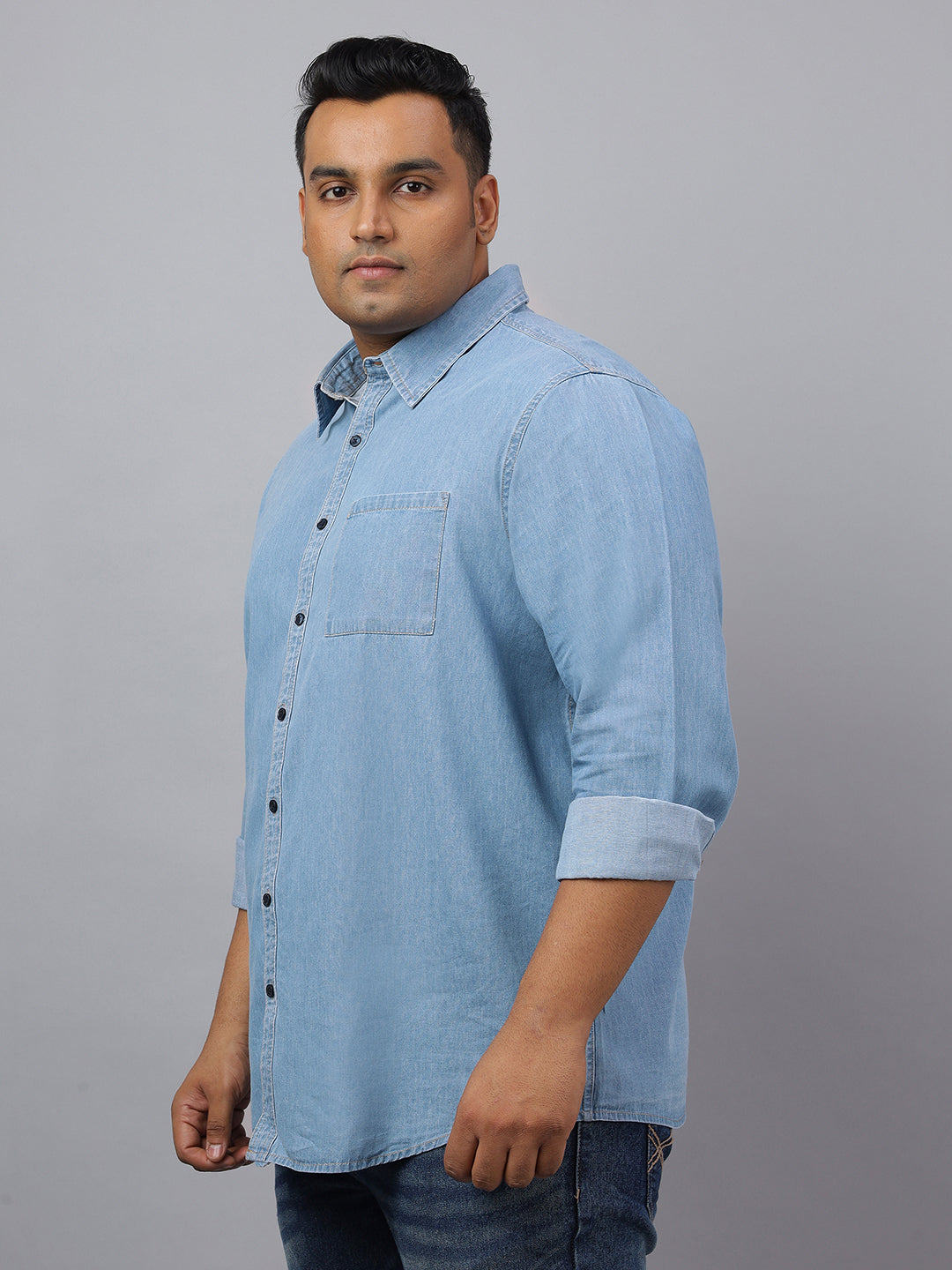 Men Ice Blue Indigo Cotton Denim Solid Color Slim Fit Casual Shirt