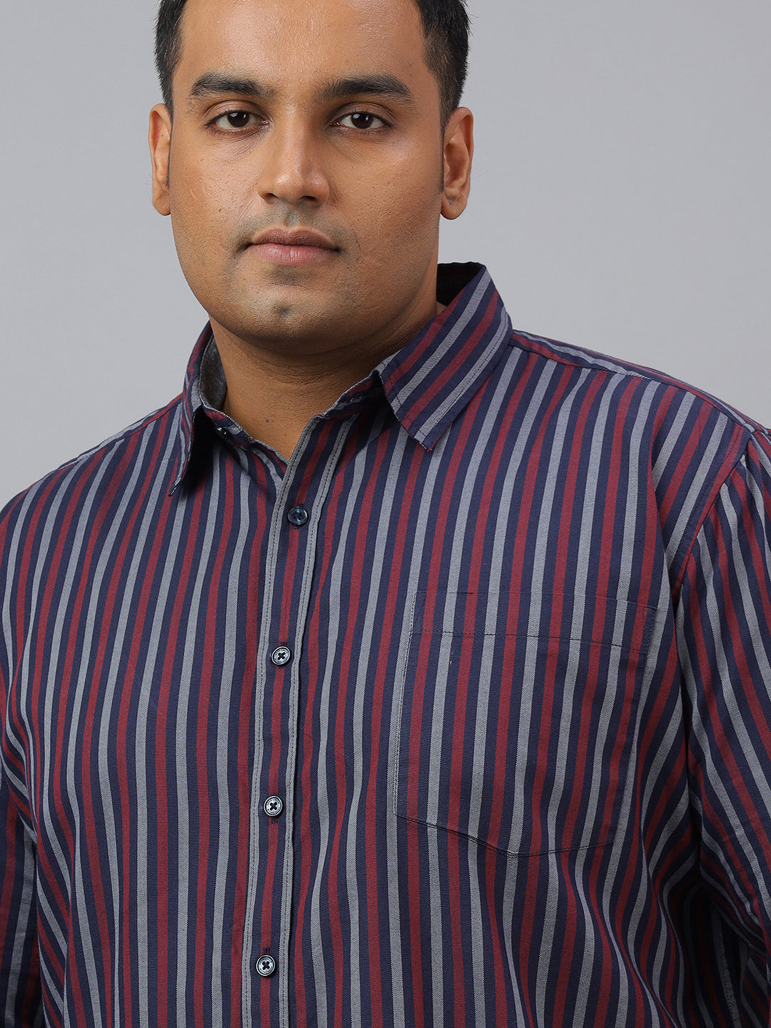 Men Maroon Cotton Stripes 1 Pocket Slim Fit Casual Shirt