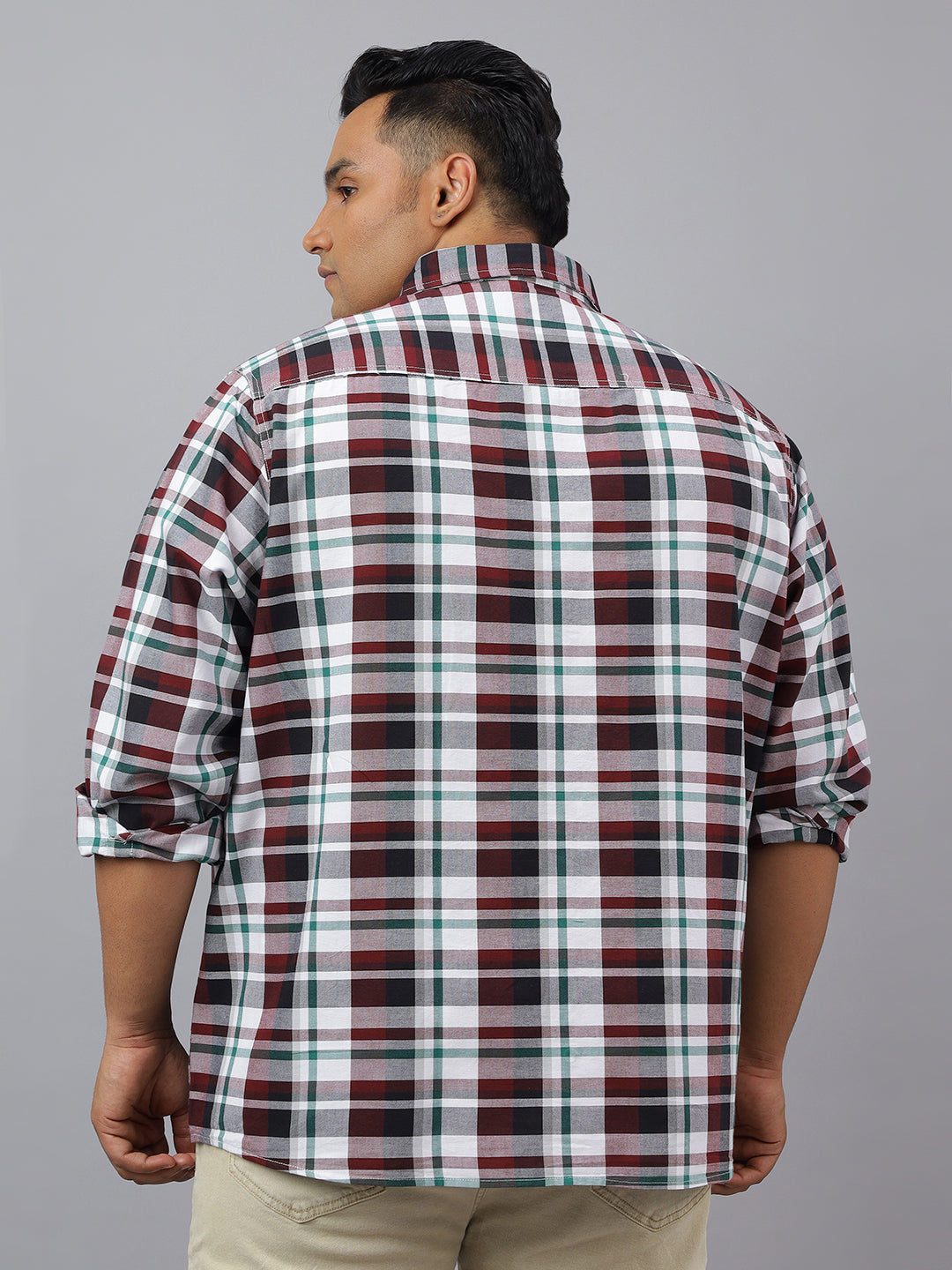 Men White, Maroon and Green Cotton Checks 1 Pocket Slim Fit Casual Shirt