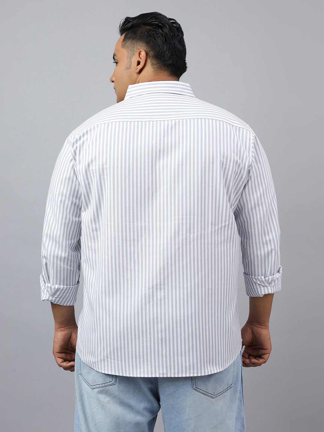 Men Grey Cotton Stripes 1 Pocket Slim Fit Casual Shirt