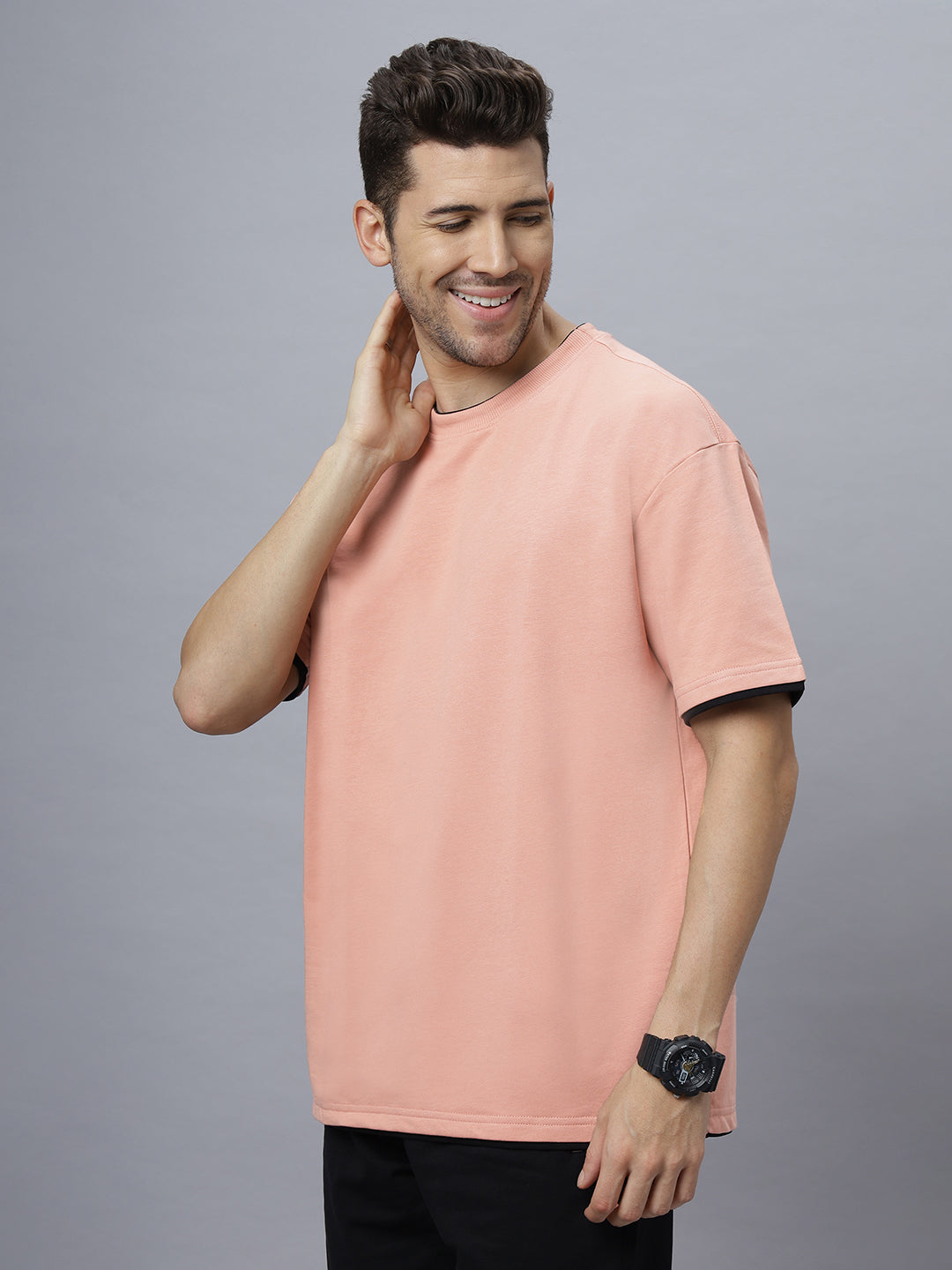 Drop-Shoulder Sleeves Heavy GSM Pure Cotton Oversize Fit T-shirt (NC-OS-102-Pink)