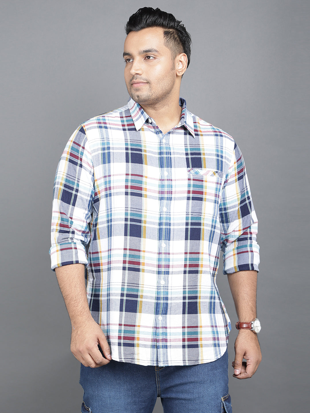 White Blue Linen Checkered Plus Size Shirt. Style code- NC-2K40