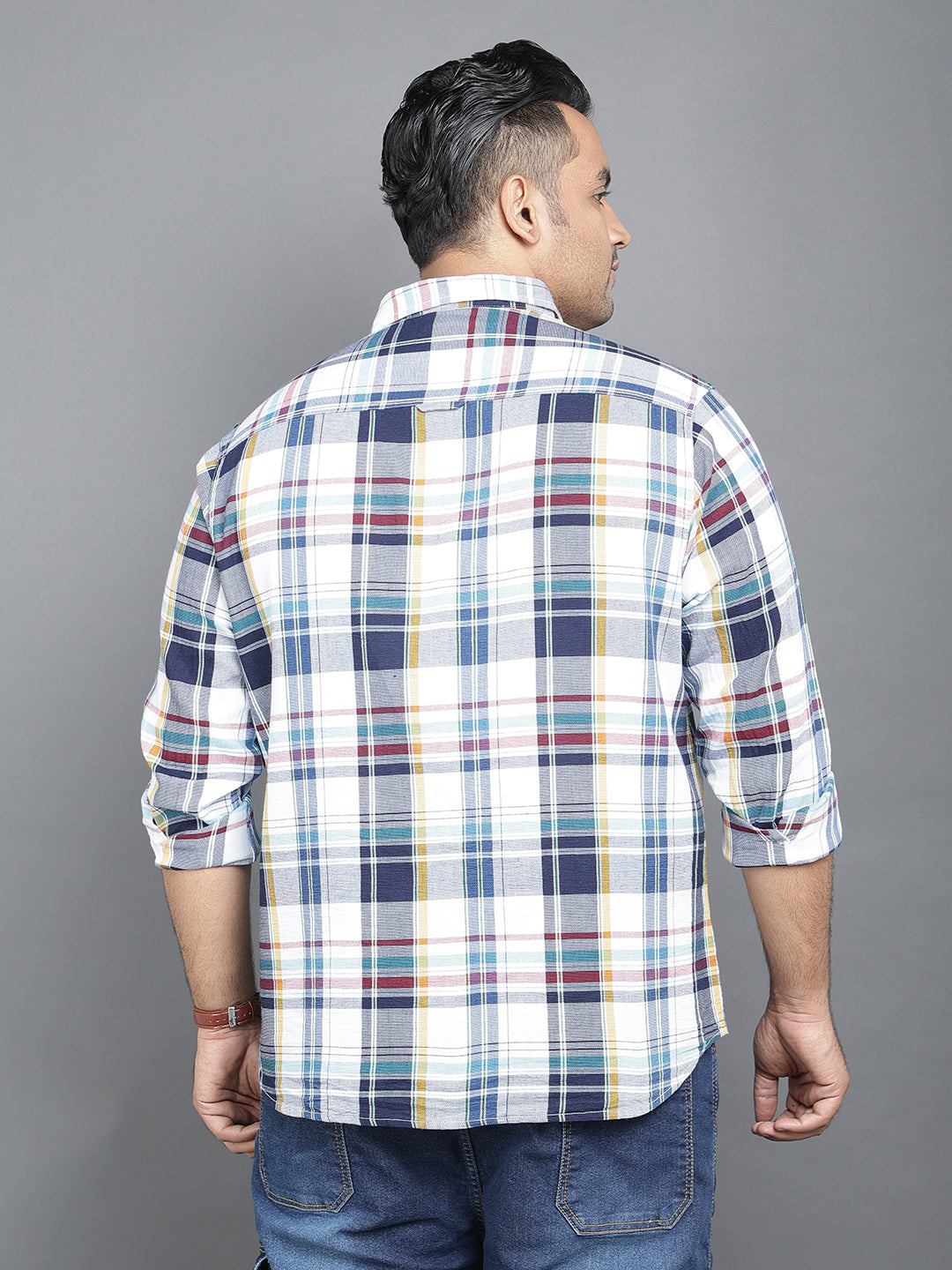 White Blue Linen Checkered Plus Size Shirt. Style code- NC-2K40
