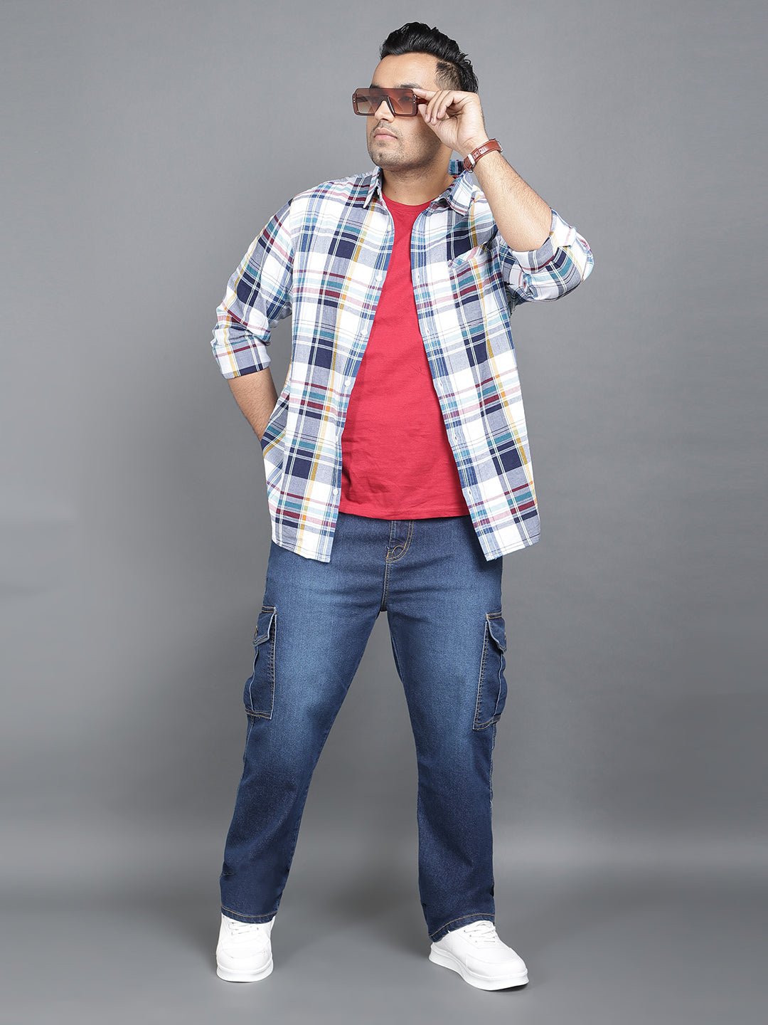 White Blue Linen Checkered Plus Size Shirt. Style code- NC-2K40